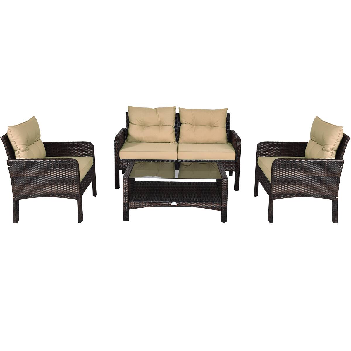 Alt View 9. Costway - Costway 4PCS Patio Rattan Furniture Set Loveseat Sofa Coffee Table Garden W/ Cushion - as pic.