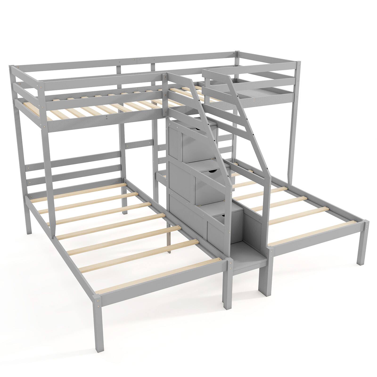Alt View 1. Gymax - Gymax Wooden Twin Over Twin & Twin Bunk Bed w/ 4-Step Storage Staircase Guardrail - Gray.
