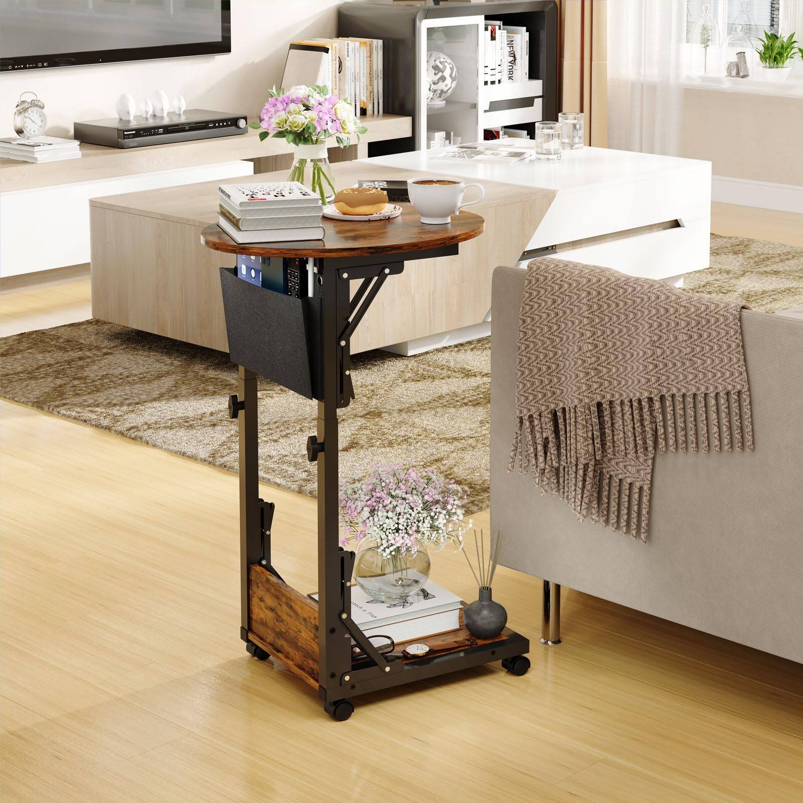 Front. Fabibe - Folding C Shaped End Table Small Side With Storage Bag For Sofa Couch Wheels Tv Tray Living Room Bedroom - Default.