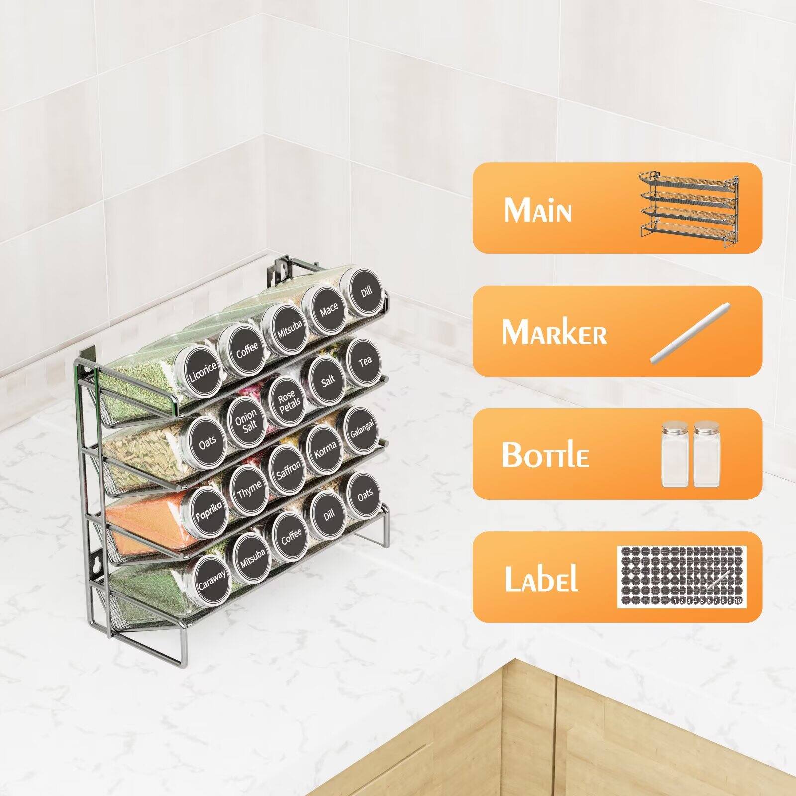 MAIN  
- Mace  
- Dill  
- Coffee  
- Mitsuba  
- Licorice  
- Tea  
- Rose Petals  
- Salt  
- Onion Salt  
- Galangal  
- Oats  
- Korma  
- Saffron  
- Thyme  
- Paprika  
- Oats  
- Caraway  

MARKER  
BOTTLE  
LABEL