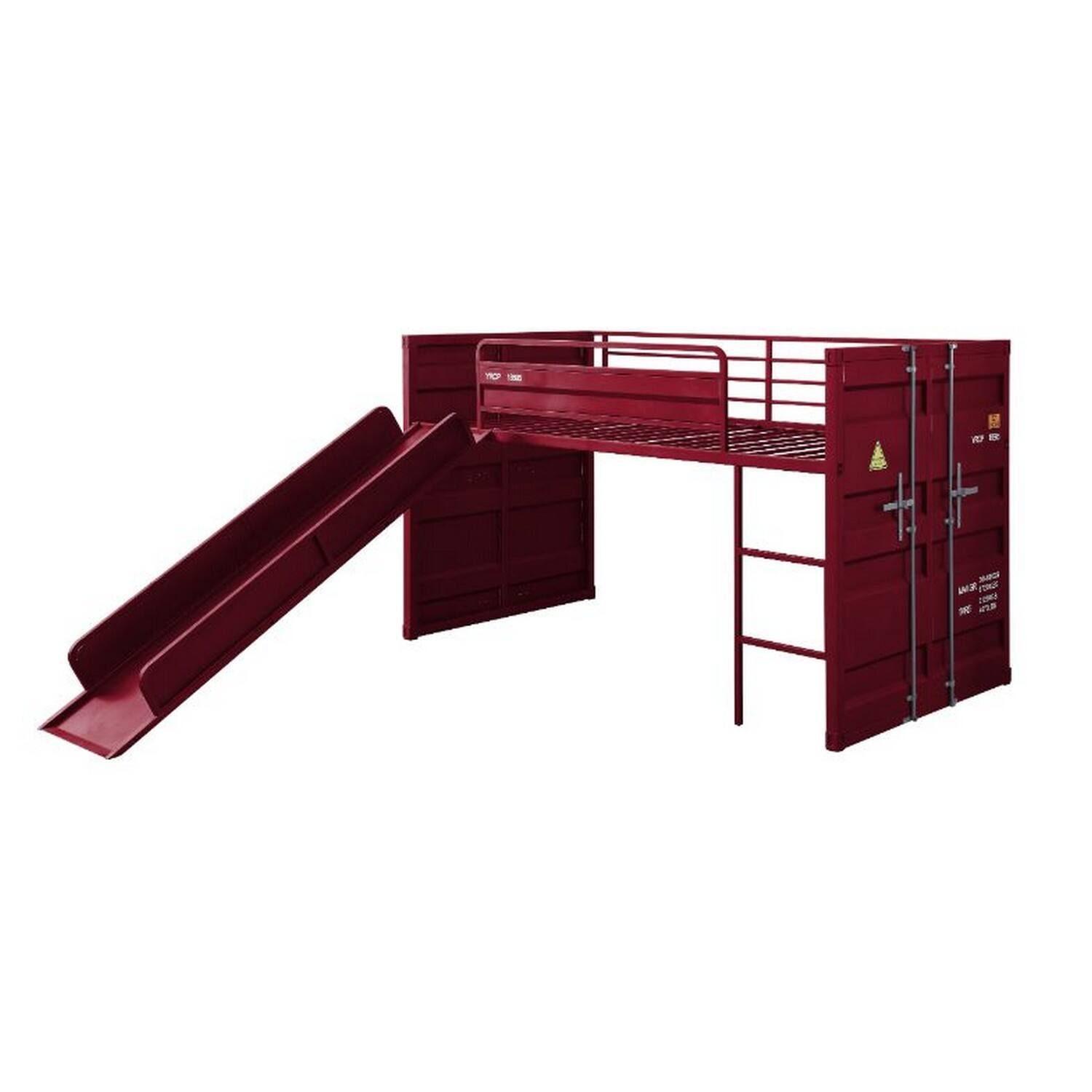 Alt View 2. Manhattan Lane - Twin Loft Bed with Metal Frame and Slide - Red.