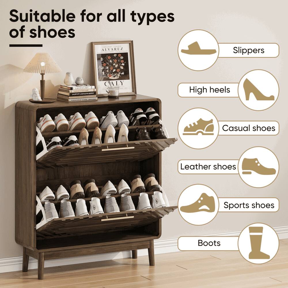 Angle. Kadyn - 31.5" Walnut Shoe Cabinet, Mid-Century Modern Freestanding Shoe Cabinet, Freestanding Organizer with 2 Flip-Top Drawers - Brown.