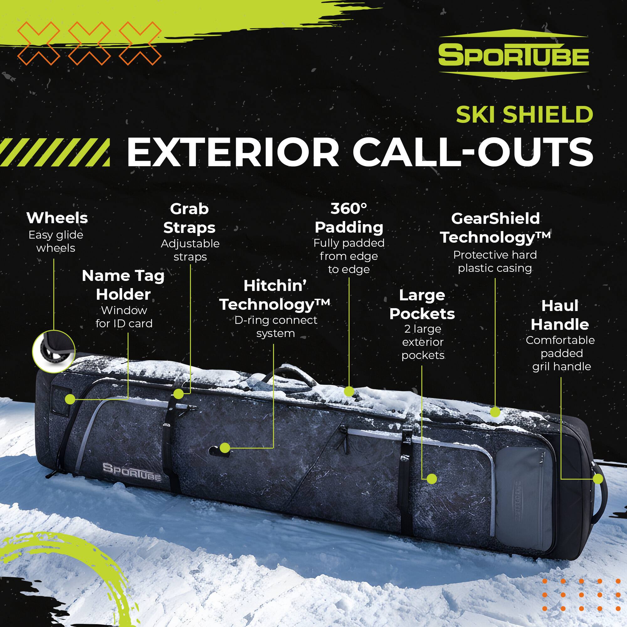 SPORTUBE SKI SHIELD EXTERIOR CALL-OUTS

- Wheels: Easy glide wheels
- Grab Straps: Adjustable straps
- 360° Padding: Fully padded from edge to edge
- GearShield Technology™: Protective hard plastic casing
- Name Tag Holder: Window for ID card
- Hitchin' Technology™: D-ring connect system
- Large Pockets: 2 large exterior pockets
- Haul Handle: Comfortable padded grill handle