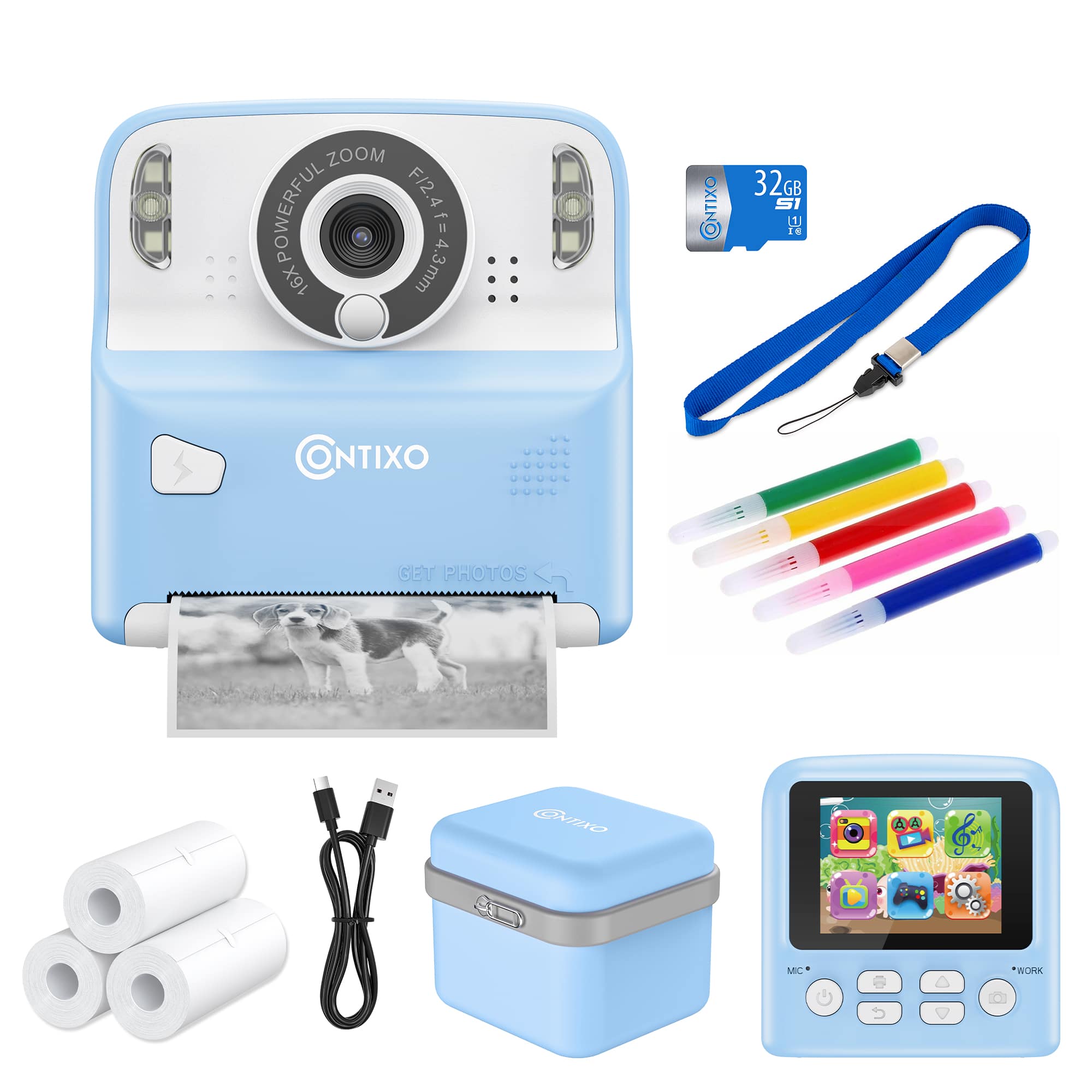 The image features a blue Contixo camera with a 16x zoom lens, along with a 32GB SD card. There are also several other items in the image, including a blue wrist strap, a blue pen, and a blue lanyard. Additionally, there is a small digital camera and a book in the scene. The camera is placed on top of a box, and the items are arranged around it, creating a visually appealing display.