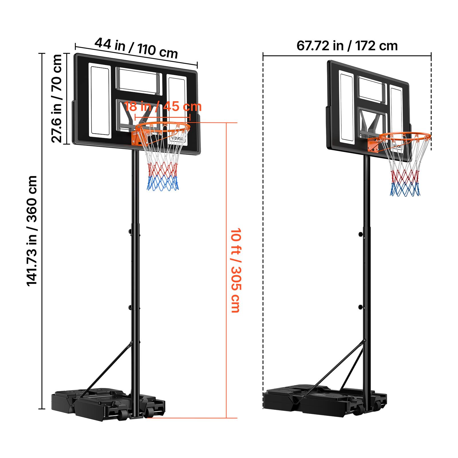 - 44 in / 110 cm
- 18 in / 45 cm
- 27.6 in / 70 cm
- 141.73 in / 360 cm
- 67.72 in / 172 cm
- 10 ft / 305 cm