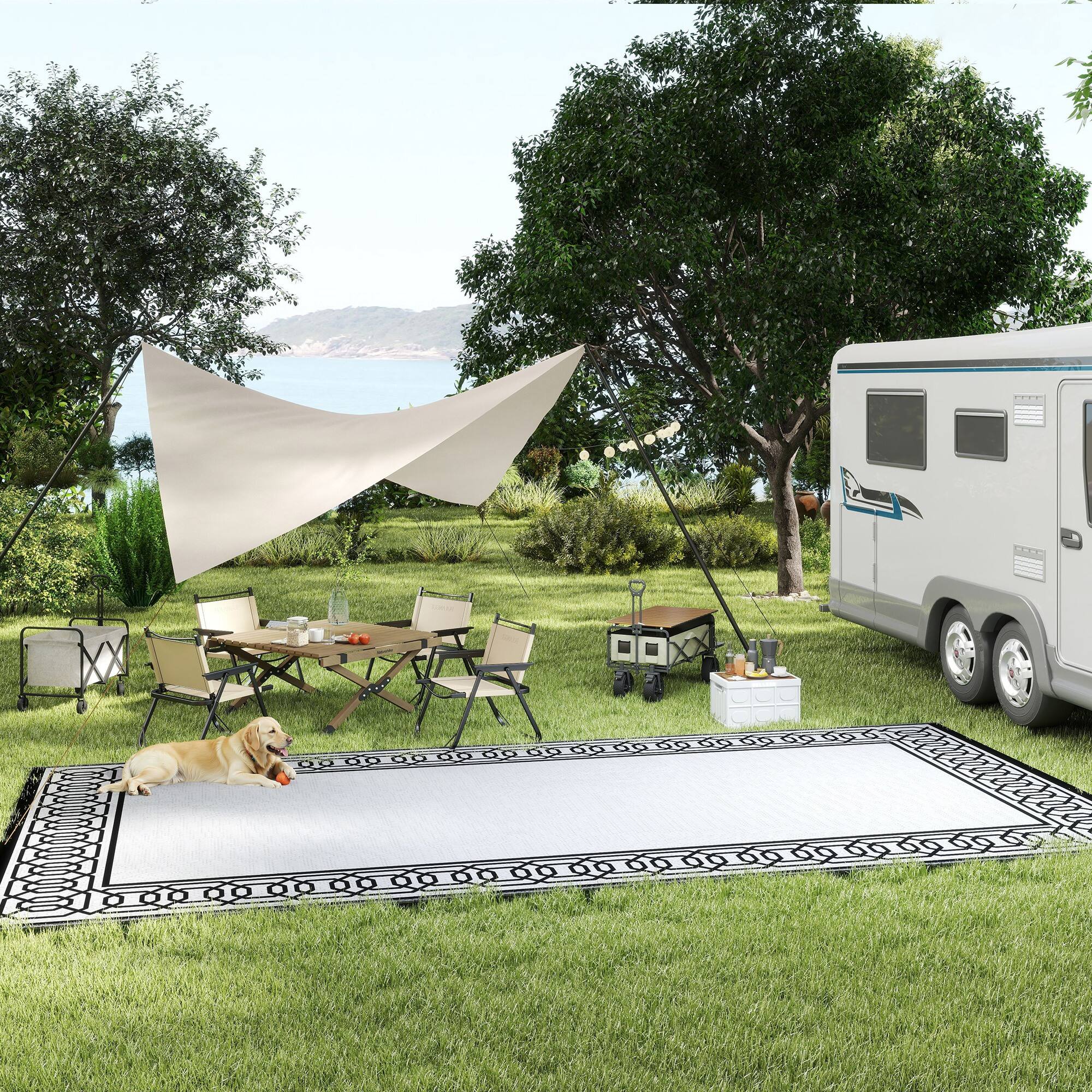 Alt View 7. Outsunny - Mat, Outdoor Patio Rug / Large Camping Carpet, 9' x 18', Waterproof Plastic Straw, Reversible - Black and gray.