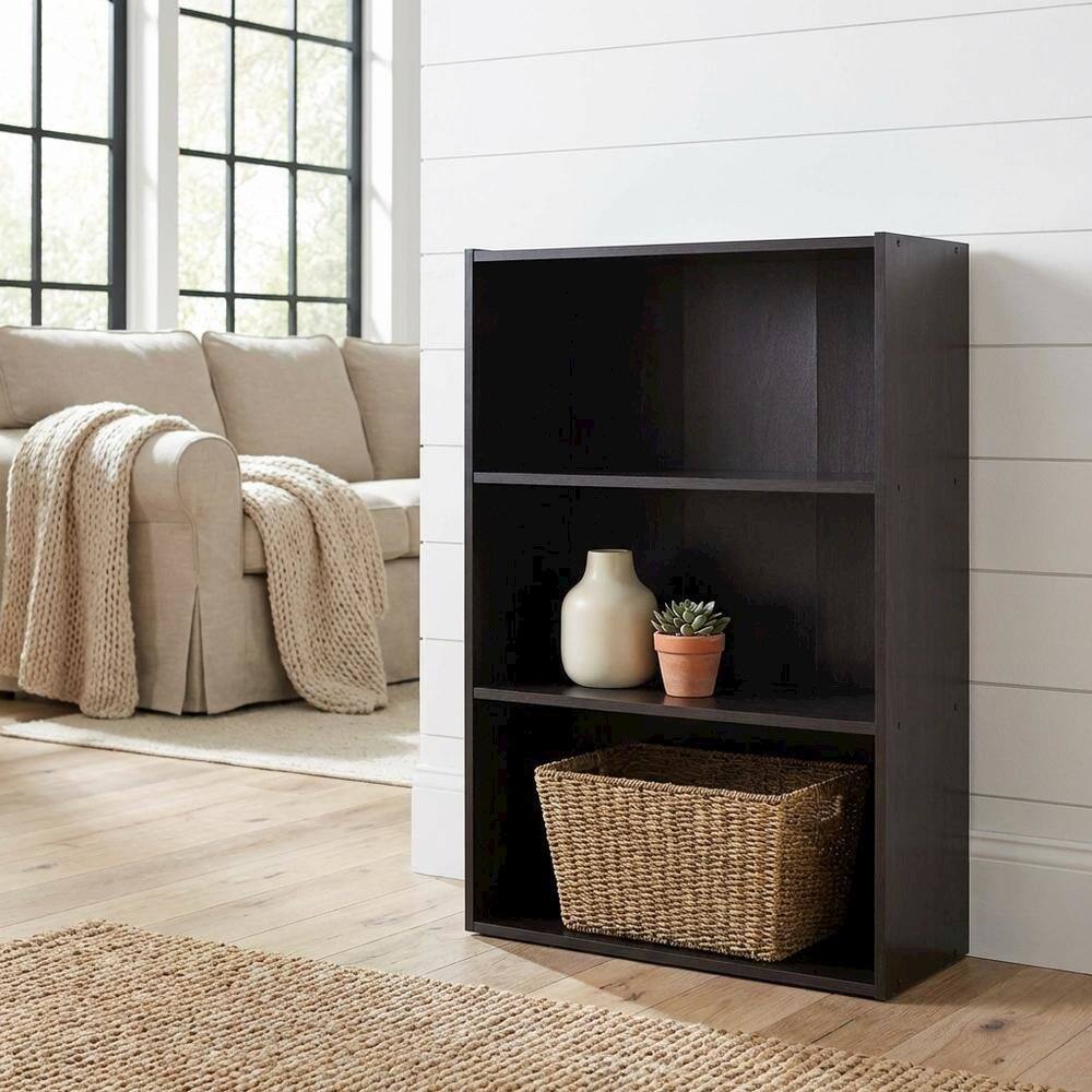 Angle. FurniFact - Espresso 3-Tier Open Shelf Bookcase with Modern Design and Sturdy Construction - Espresso.