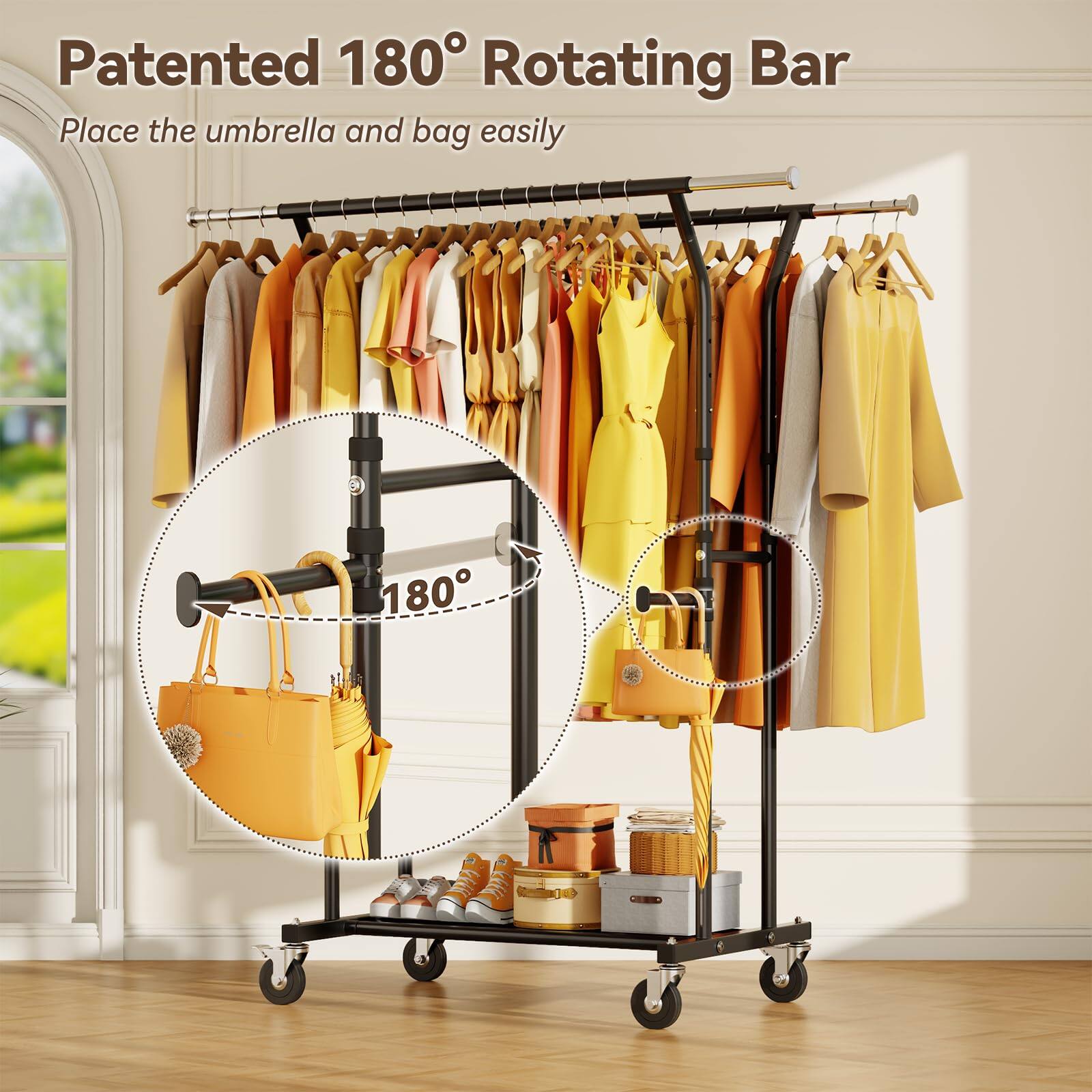 Patented 180° Rotating Bar  
Place the umbrella and bag easily