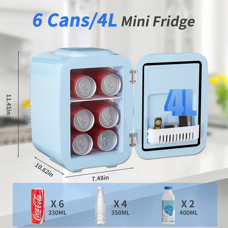 6 Cans/4L Mini Fridge

11.41in x 10.62in x 7.48in

X 6 330ML
X 4 350ML
X 2 400ML