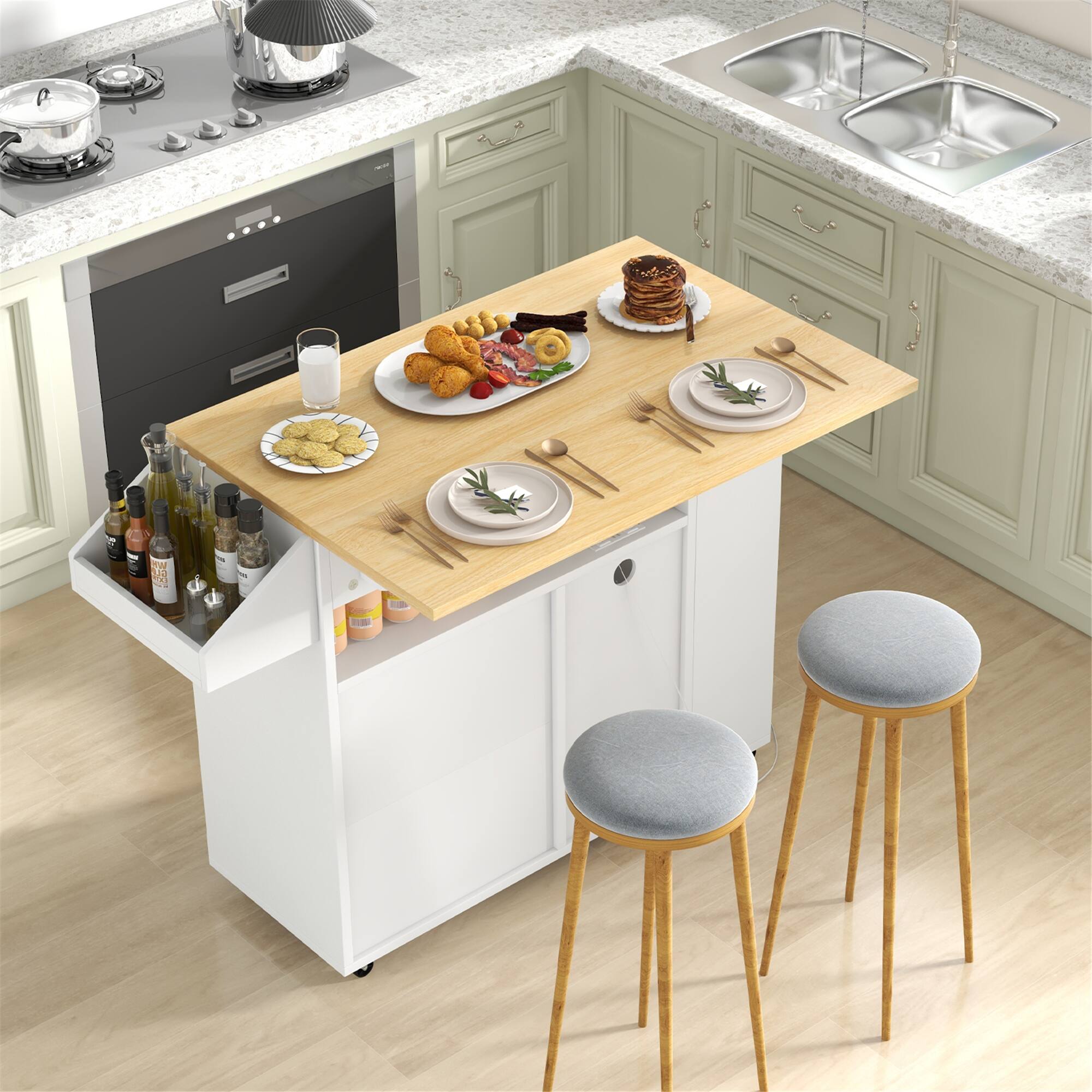 Alt View 1. Gymax - Gymax Drop-Leaf Kitchen Island Cart w/ Power Outlet Wine Rack Glass Holder Drawer - White, Natural.
