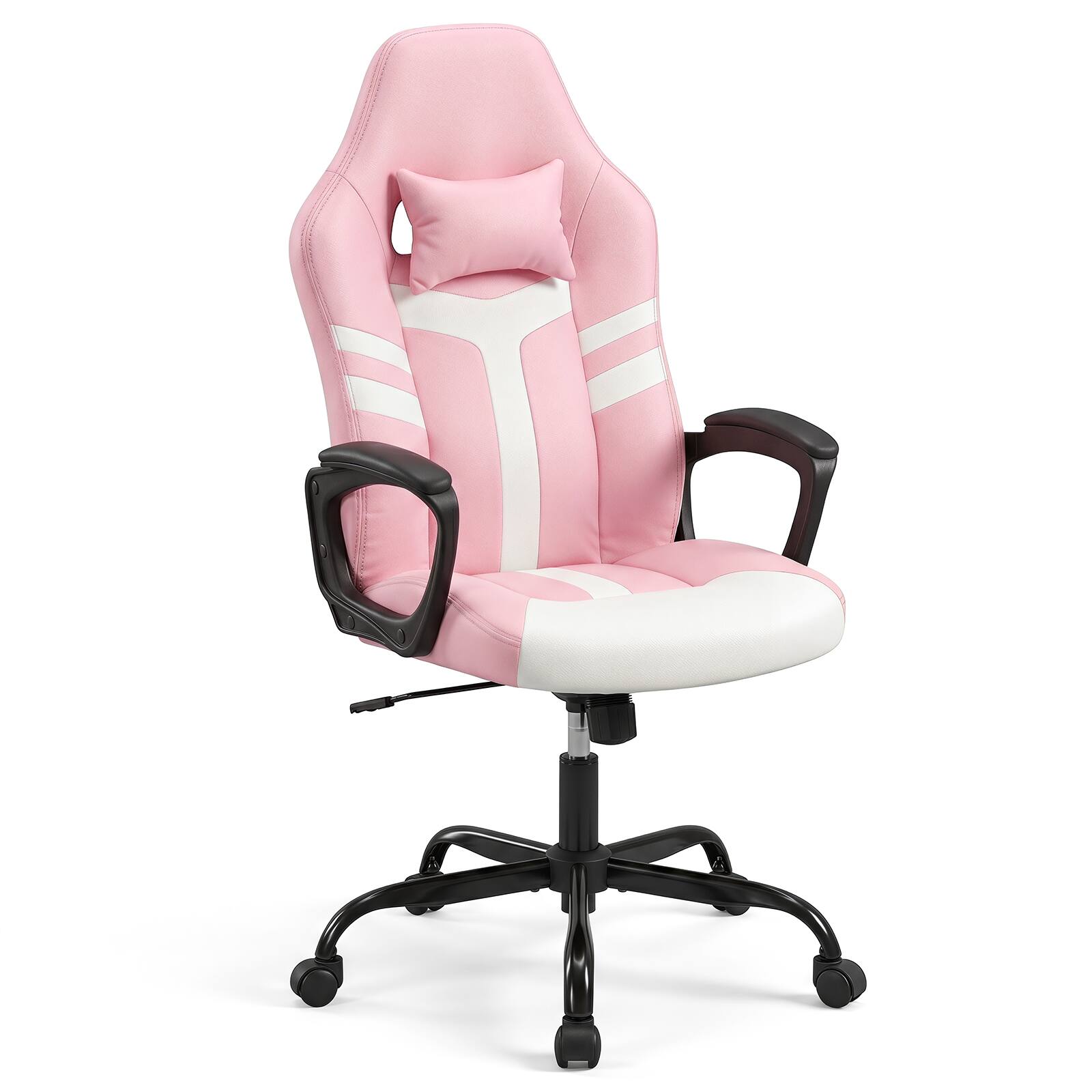 Alt View 9. Costway - Costway Faux Leather Upholstered Office Chair with Removable Head Pillow, Padded Armrests - Pink + Black.
