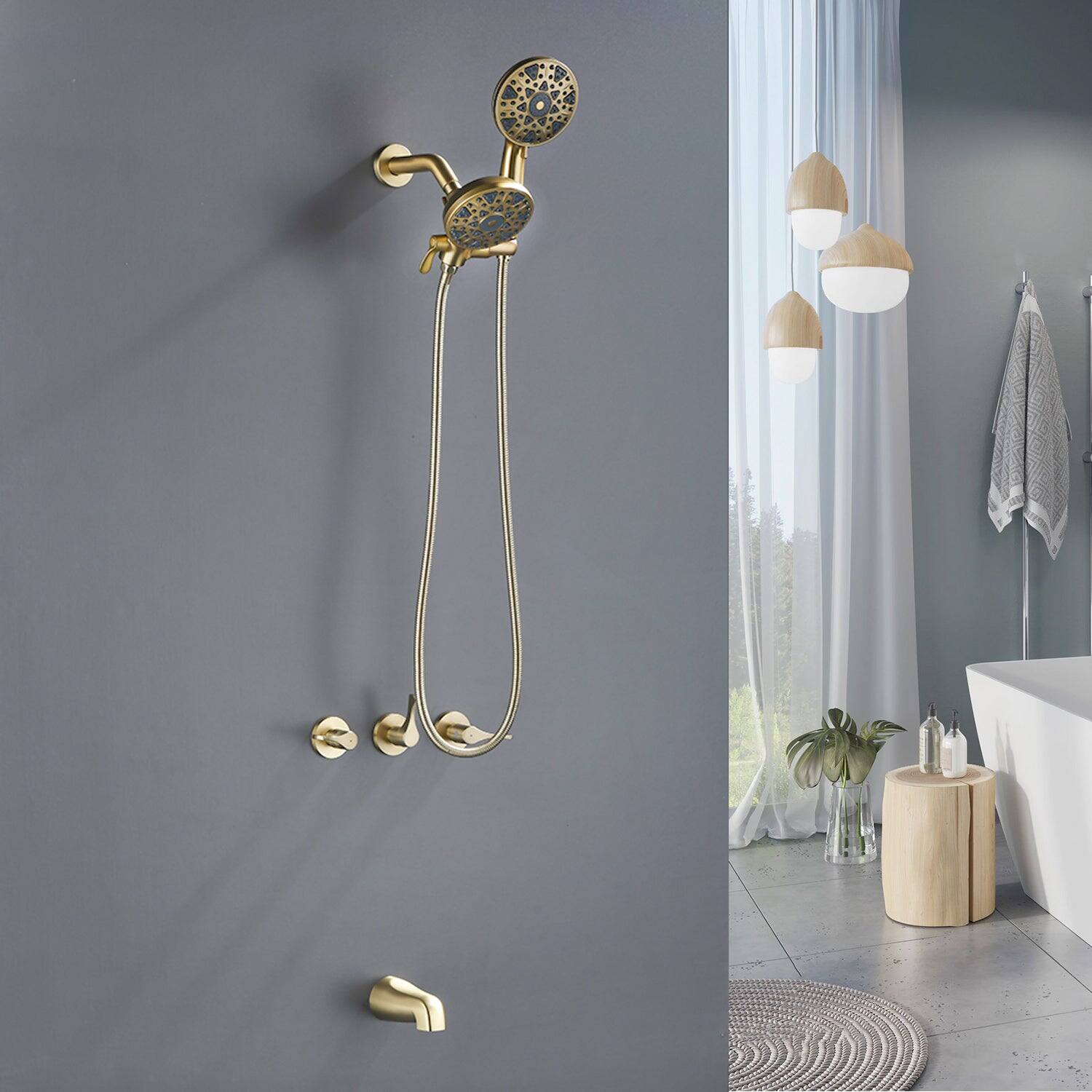 Alt View 2. Boyel Living - Brushed Gold Shower Set with Triple Handle Control 6 Function Dual Shower Heads and High Flow Tub Spout - Brushed Gold.