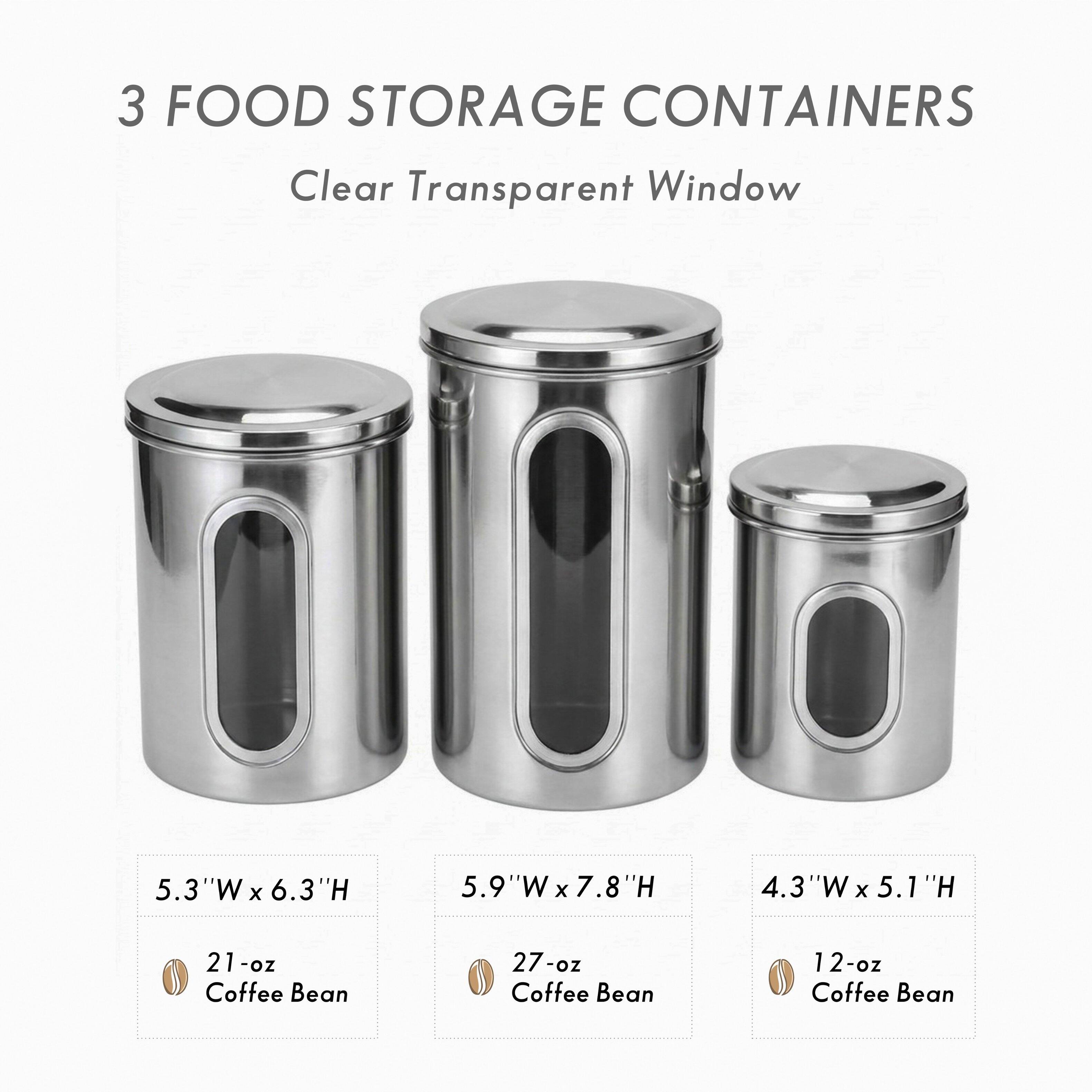 3 FOOD STORAGE CONTAINERS  
Clear Transparent Window  

5.3" W x 6.3" H  
21-oz Coffee Bean  

5.9" W x 7.8" H  
27-oz Coffee Bean  

4.3" W x 5.1" H  
12-oz Coffee Bean
