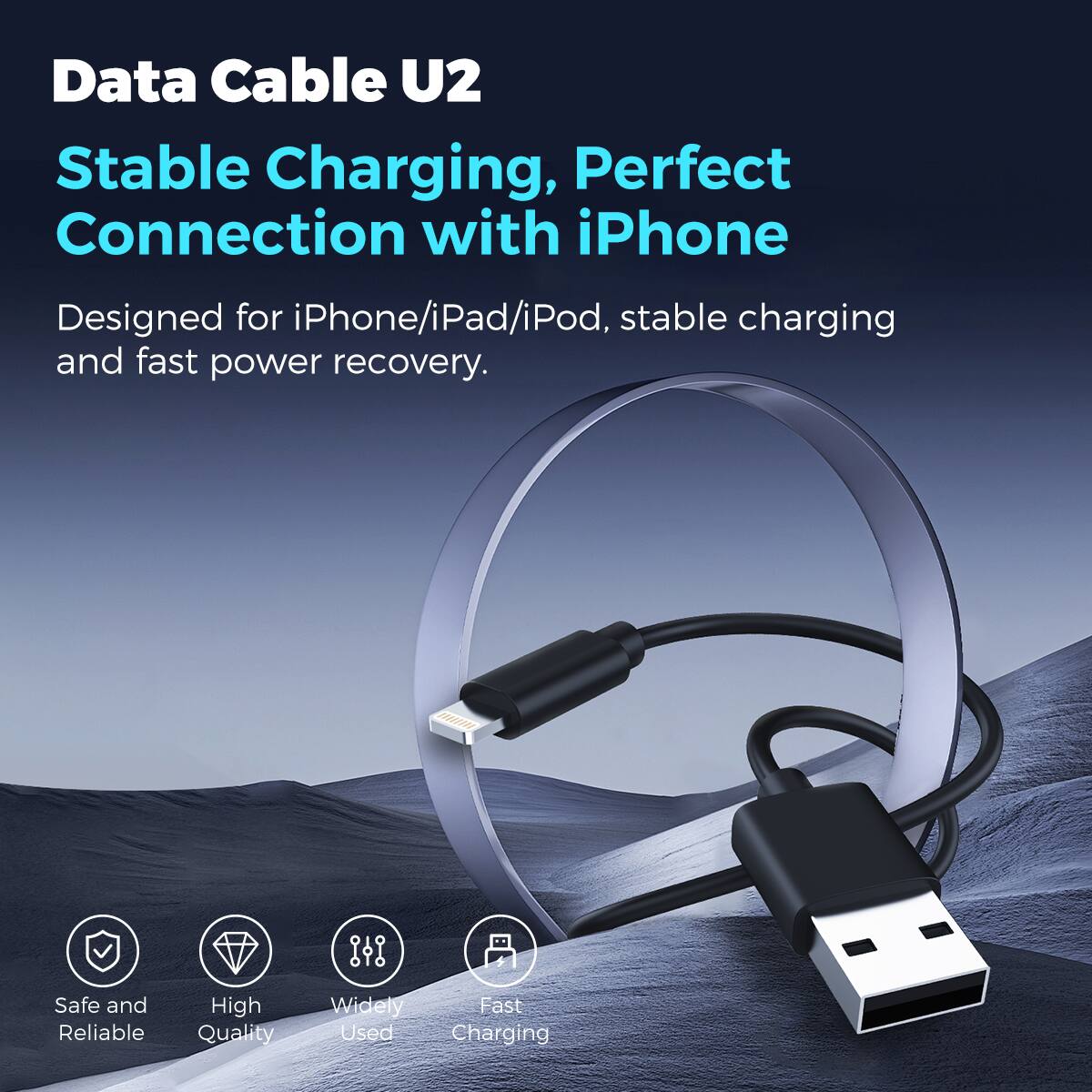 Data Cable U2, Stable Charging, Perfect Connection with iPhone. Designed for iPhone/iPad/iPod, stable charging and fast power recovery. Safe and Reliable, High Quality, Widely Used, Fast Charging.