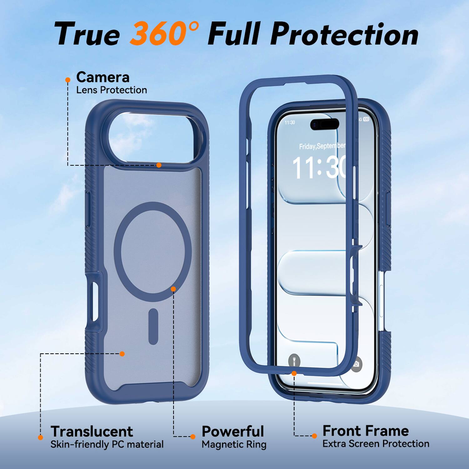 True 360° Full Protection

- Camera Lens Protection
- Translucent Skin-friendly PC material
- Powerful Magnetic Ring
- Front Frame Extra Screen Protection