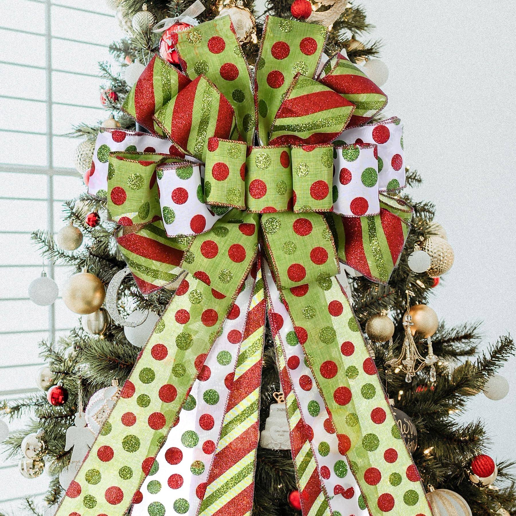 Alt View 1. PARKER SLATER - Christmas Tree Topper Wreath Bow Large Green Red Dot Polyester Gift Bows For Xmas Ornament Holiday Home - Lightgreen Dots & Strip.