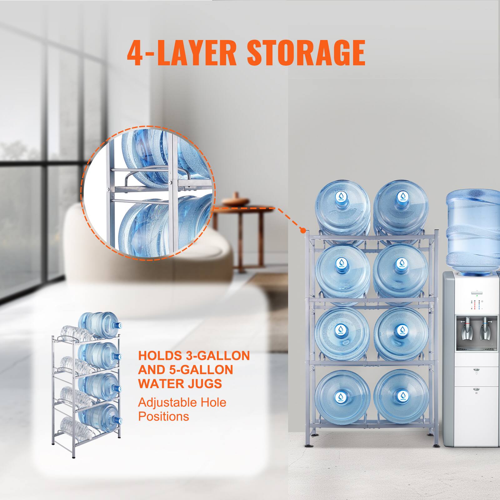 4-LAYER STORAGE

HOLDS 3-GALLON AND 5-GALLON WATER JUGS

Adjustable Hole Positions