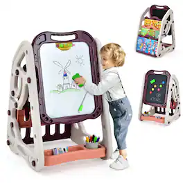 Costway - 3-in-1 Kids Art Easel Double-Sided Tabletop Easel w/Art Accessories - Multicolour