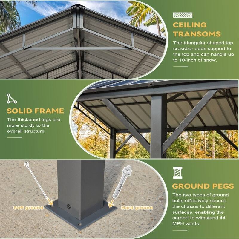 CEILING TRANSOMS  
The triangular shaped top crossbar adds support to the top and can handle up to 10-inch of snow.  

SOLID FRAME  
The thickened legs are more sturdy to the overall structure.  

GROUND PEGS  
The two types of ground bolts effectively secure the chassis to different surfaces, enabling the carport to withstand 44 MPH winds.  

Soft ground  
Hard ground