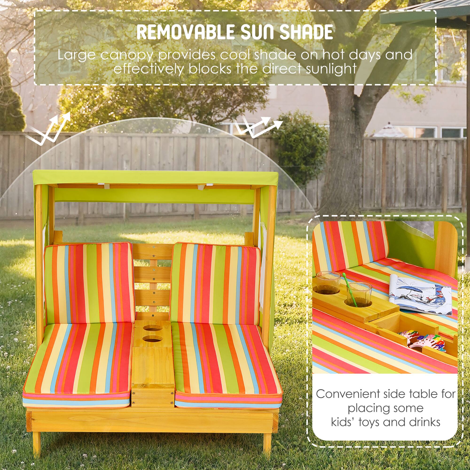 **REMOVABLE SUN SHADE**  
Large canopy provides cool shade on hot days and effectively blocks the direct sunlight  

Convenient side table for placing some kids' toys and drinks