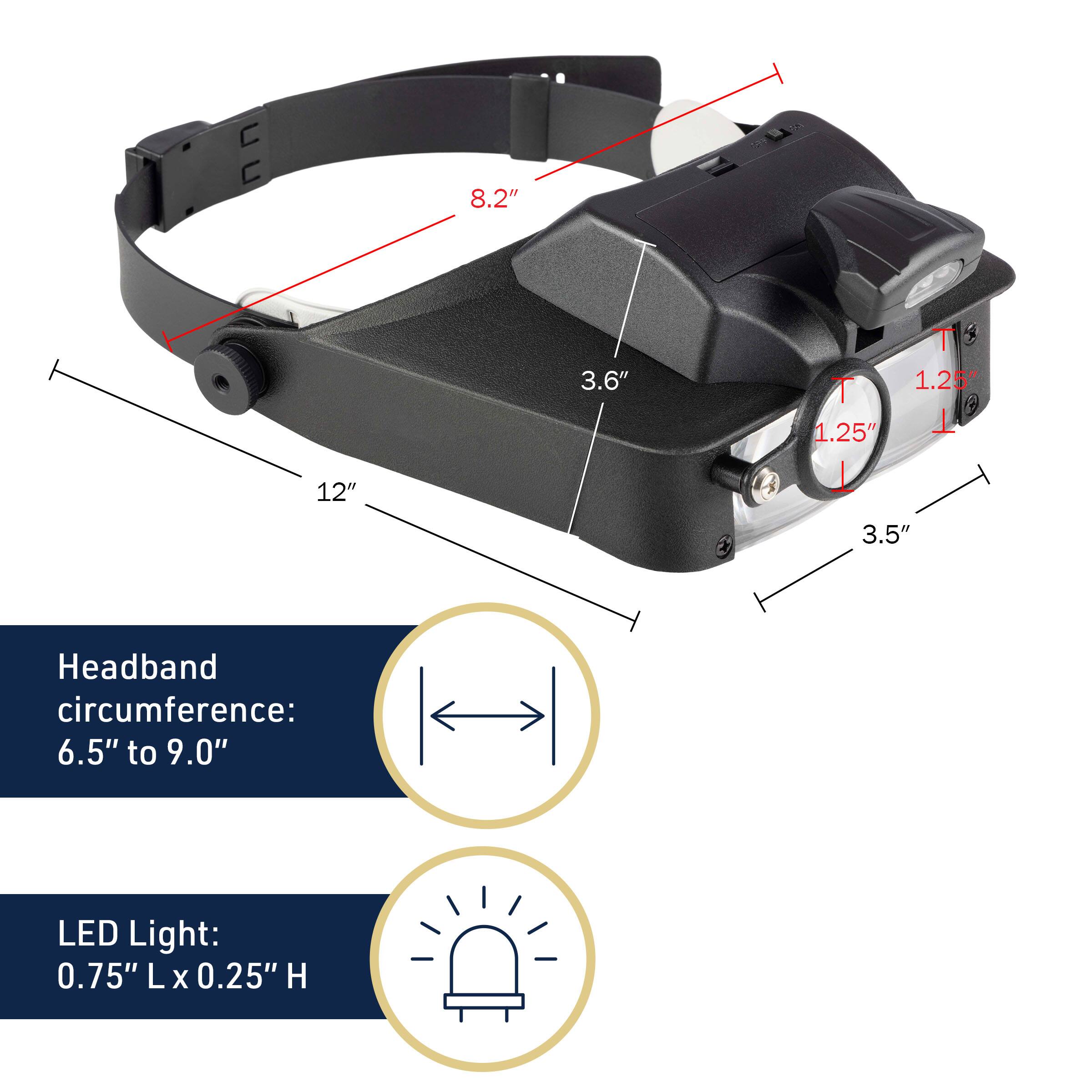 8.2" 3.6" 1.25" 12" 3.5" Headband circumference: 6.5" to 9.0" LED Light: 0.75" L X 0.25" H