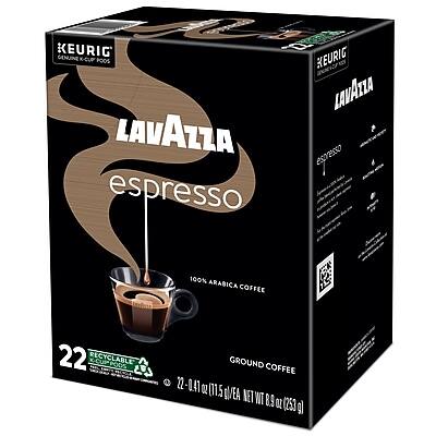 KEURIG  
GENUINE K-CUP PODS

LAVAZZA  
espresso  
100% ARABICA COFFEE

22 RECYCLABLE  
GROUND COFFEE

22 - 0.41 OZ (11.5 g)  
NET WT 8.9 OZ (253 g)