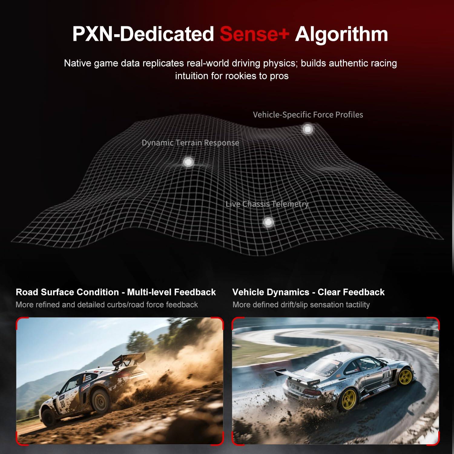 PXN-Dedicated Sense+ Algorithm

Native game data replicates real-world driving physics; builds authentic racing intuition for rookies to pros

- Vehicle-Specific Force Profiles
- Dynamic Terrain Response
- Live Chassis Telemetry

Road Surface Condition - Multi-level Feedback
More refined and detailed curbs/road force feedback

Vehicle Dynamics - Clear Feedback
More defined drift/slip sensation tactility