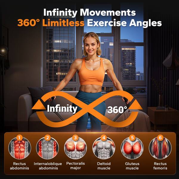 Infinity Movements 360° Limitless Exercise Angles

1. Rectus abdominis
2. Internaloblique abdominis
3. Pectoralis major
4. Deltoid muscle
5. Gluteus muscle
6. Rectus femoris