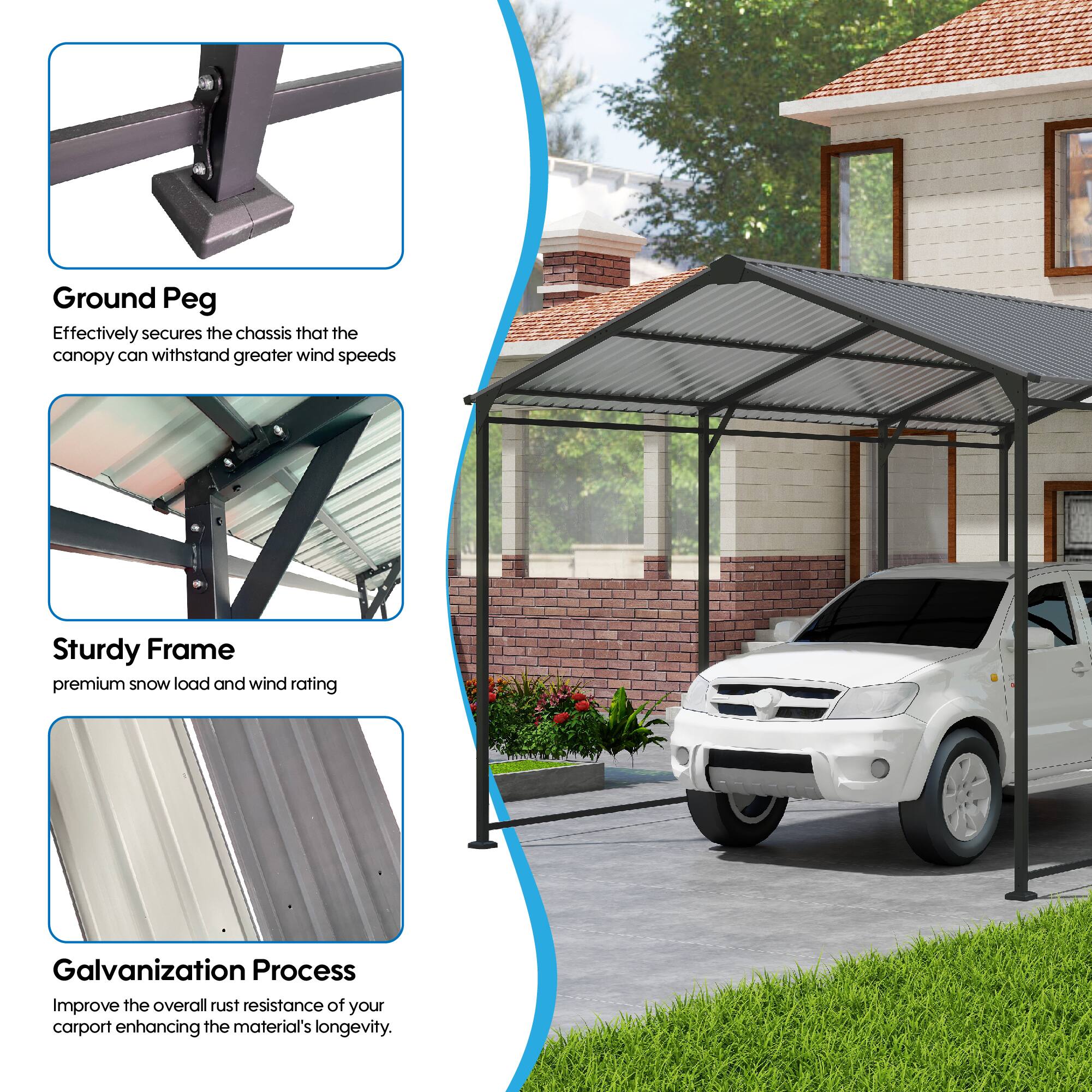 Alt View 2. TinyHomie - Metal Carport 10X15 FT Heavy Duty with Galvanized Steel Roof Metal Garage Canopy with Galvanized Steel Roof and Frame.