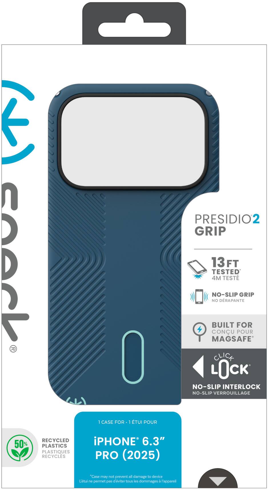 **PRESIDIO2 GRIP**

- **13 FT TESTED**
- **4M TESTE**
- **NO-SLIP GRIP**
- **NO DRAPANTE**
- **BUILT FOR MAGSAFE**
- **CLICK LOCK**
- **NO-SLIP INTERLOCK**
- **NO-SLIP VERROUILAGE**
- **50% RECYCLED PLASTICS**
- **PLASTIQUES RECYCLES**

**1 CASE FOR 1 TUI POUR**

**iPHONE 6.3" PRO (2025)**

*Case may not prevent all damage to device.*
*L'tui ne permet pas d'éviter tous les dommages au appareil.*