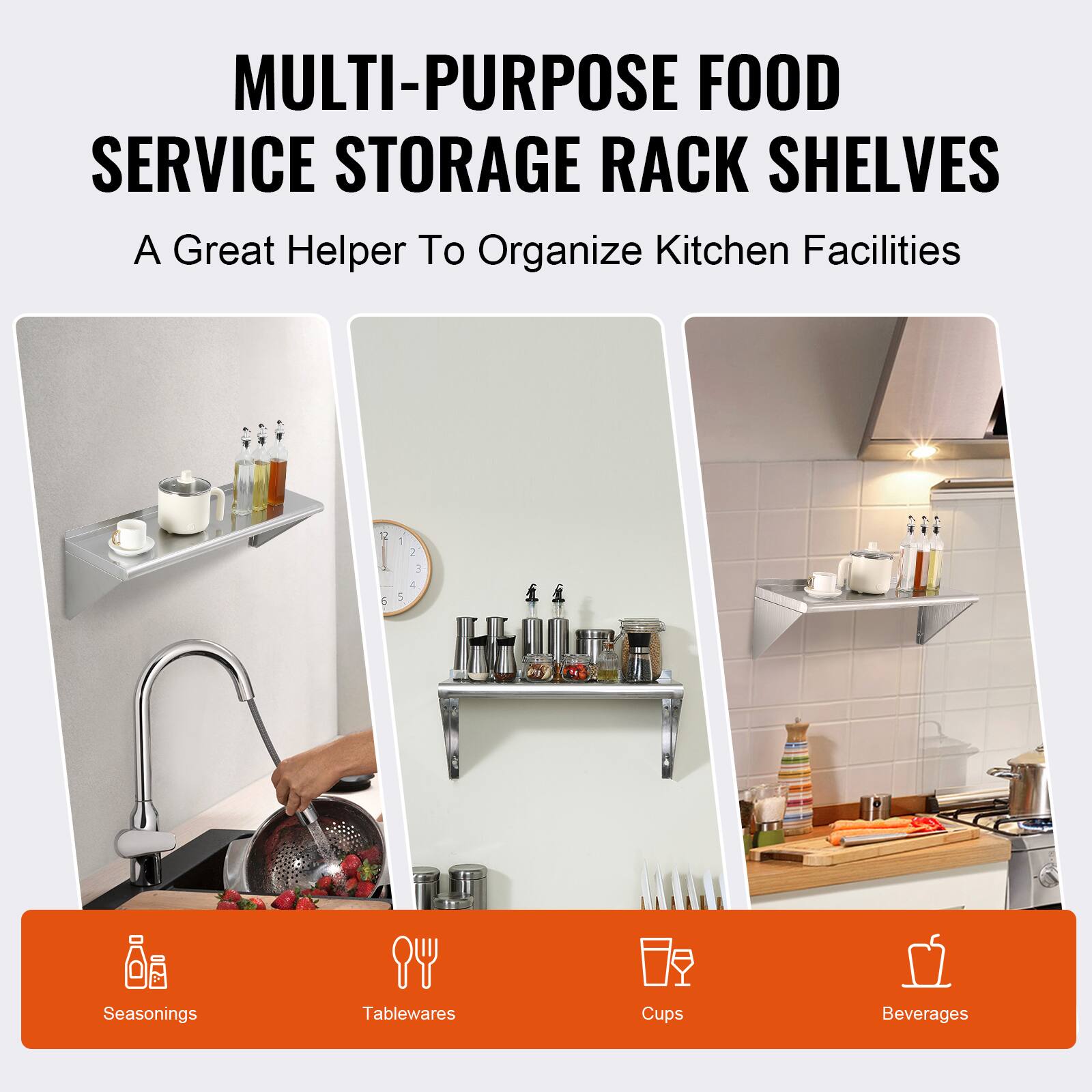 MULTI-PURPOSE FOOD SERVICE STORAGE RACK SHELVES  
A Great Helper To Organize Kitchen Facilities  

Seasonings  
Tablewares  
Cups  
Beverages