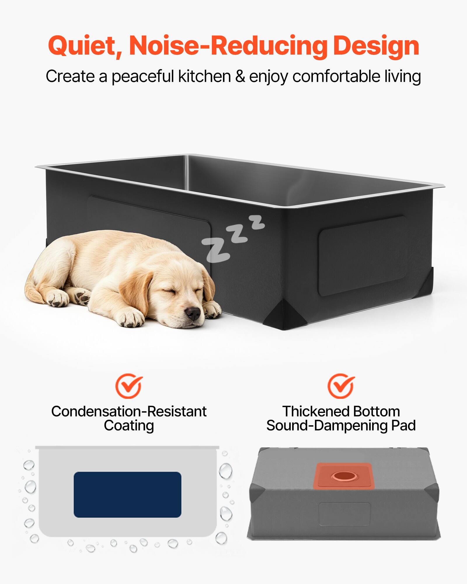 Quiet, Noise-Reducing Design  
Create a peaceful kitchen & enjoy comfortable living  

Condensation-Resistant Thickened Bottom Coating  
Sound-Dampening Pad