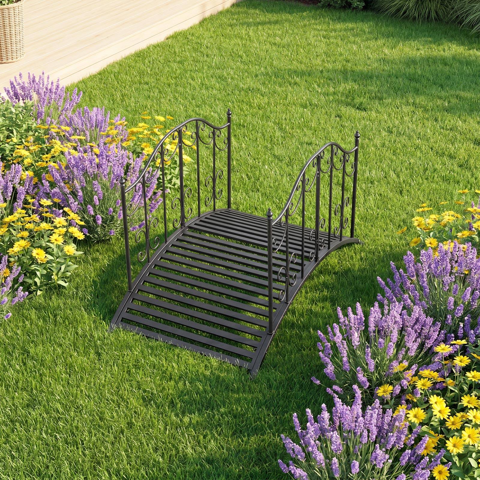 Alt View 3. Gymax - Gymax 3.9 ft Garden Metal Bridge Outdoor Arched Bridge w/Dual Patterned Side Rails - Black.