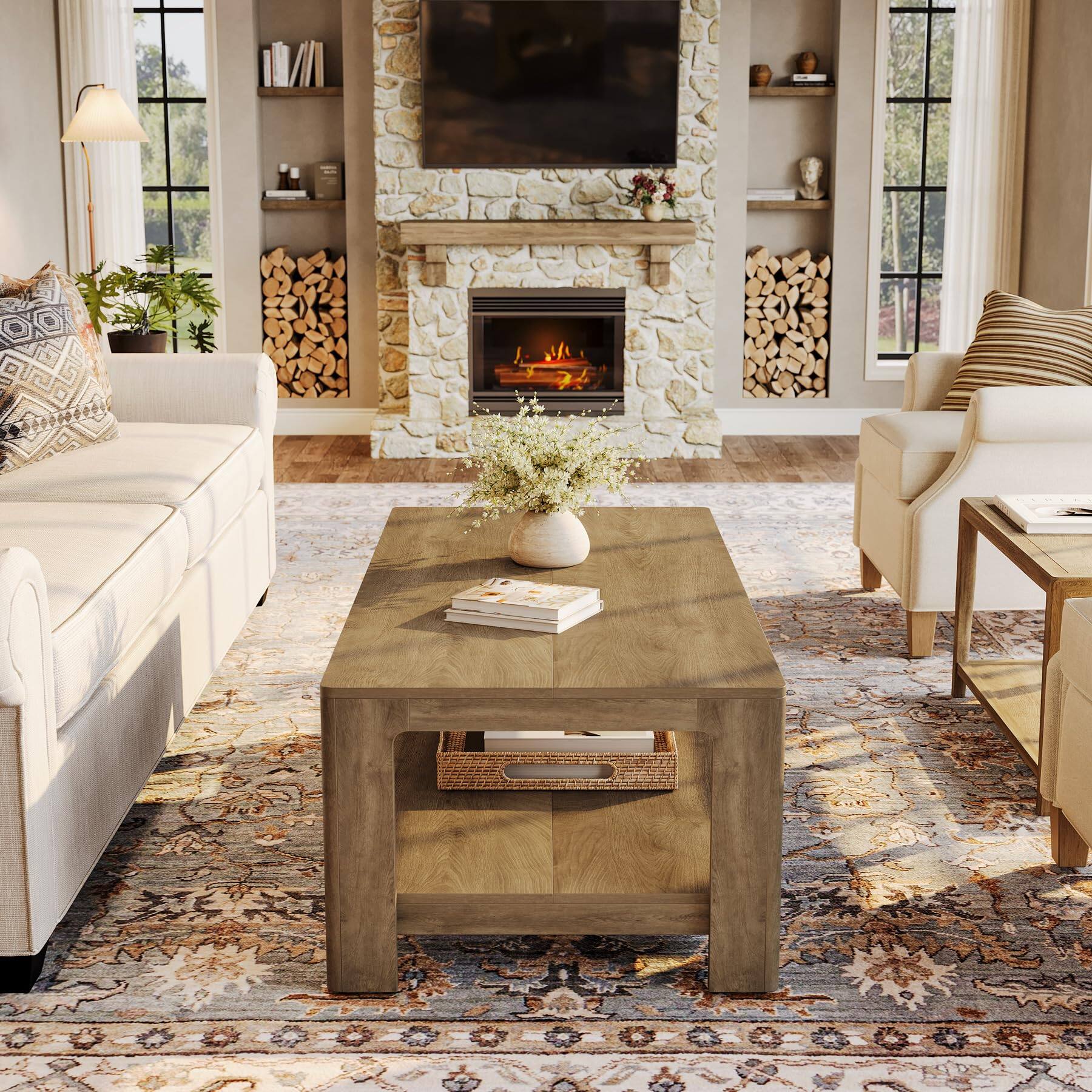Left. Tribesigns - Coffee Tables for Living Room, 2-Tier Center Table with Storage - Natural Wood.
