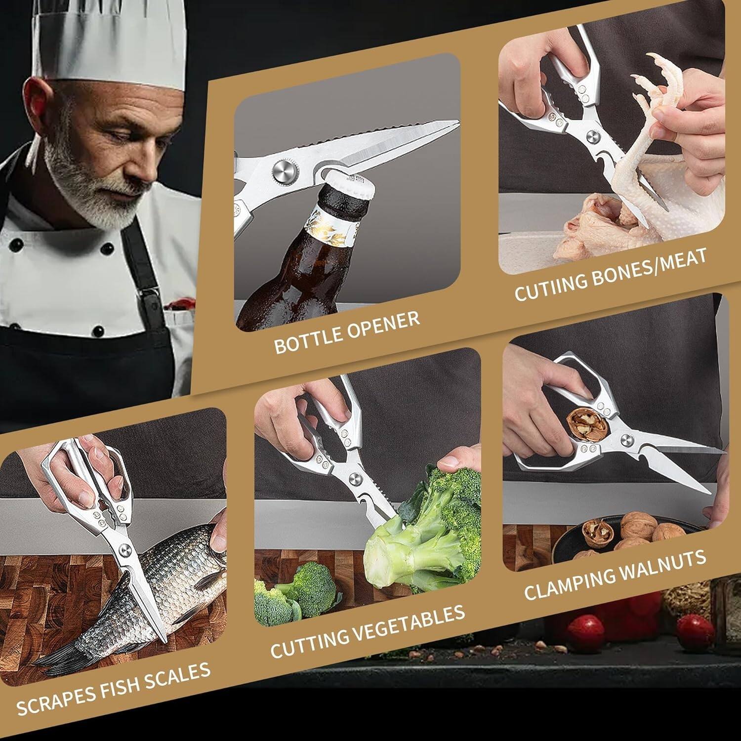 - Bottle Opener
- Cutting Bones/Meat
- Scrapes Fish Scales
- Cutting Vegetables
- Clamping Walnuts