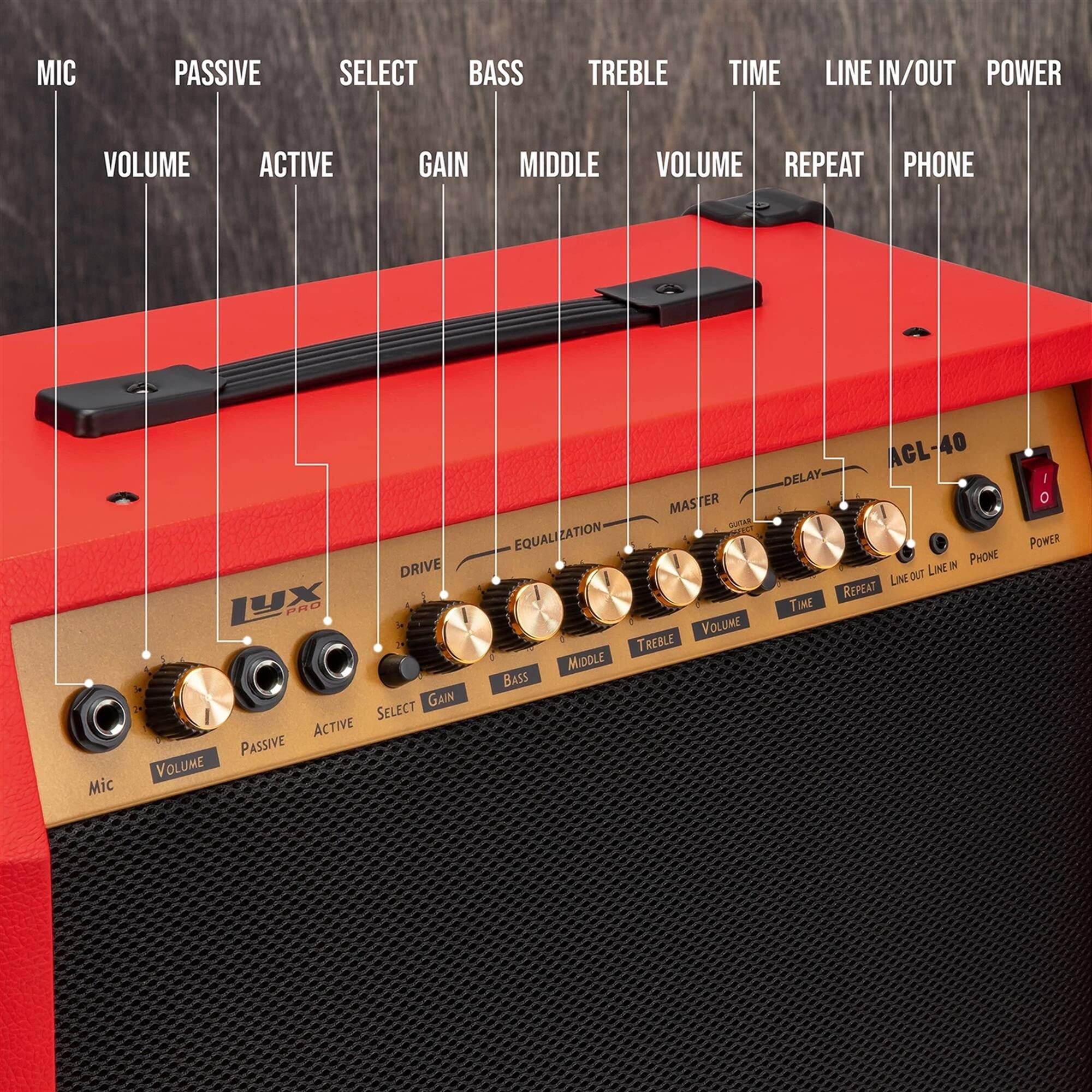 MIC PASSIVE SELECT BASS TREBLE TIME LINE IN/OUT POWER VOLUME ACTIVE GAIN MIDDLE VOLUME REPEAT PHONE Mic DRIVE 1X PRO GAIN SELECT ACTIVE PASSIVE VOLUME MASTER EQUALIZATION AGL-40 DELAY I PHONE OUT LINE REPEAT TIME T I O POWER