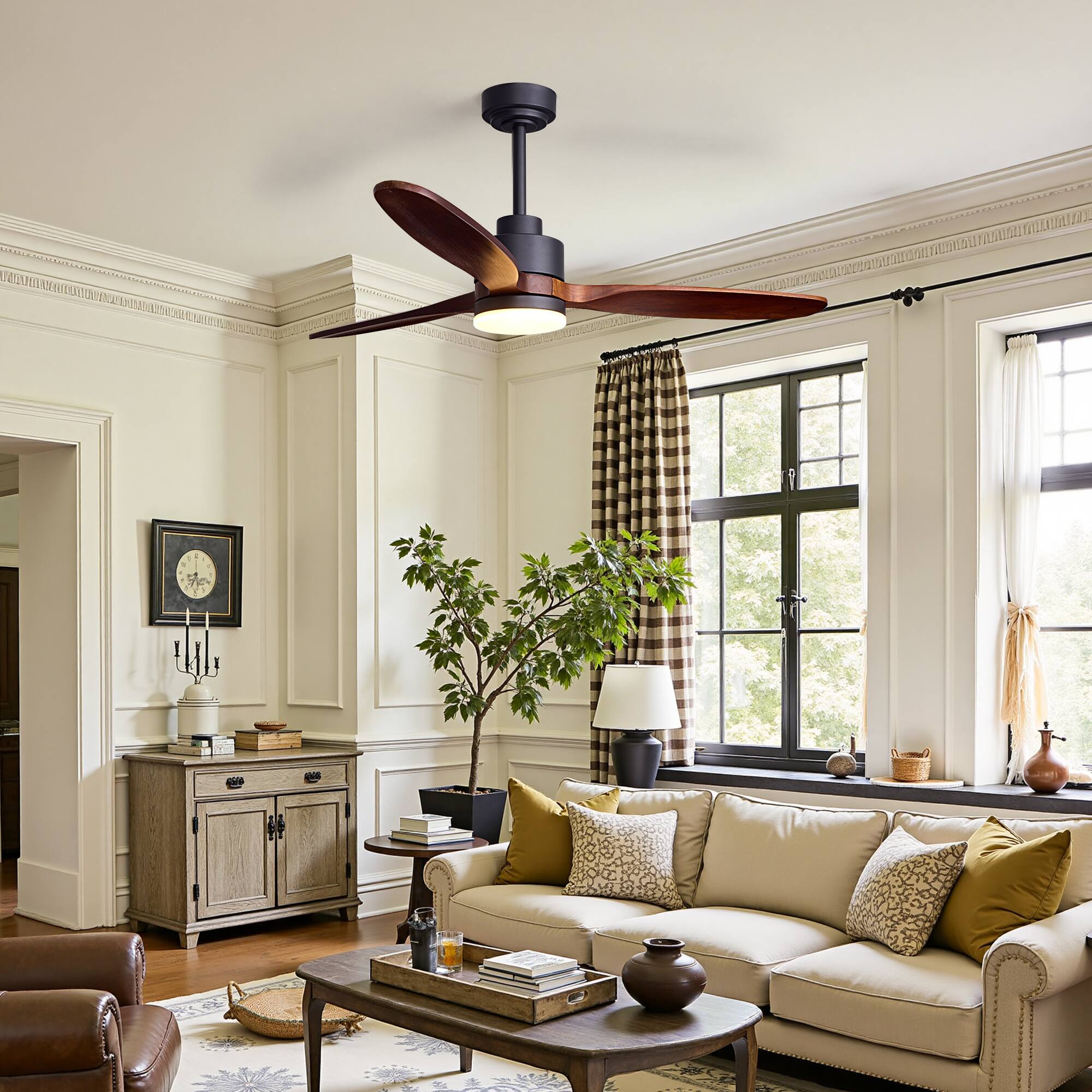 Alt View 1. Siljoy - 52 Inch Modern Ceiling Fan Light with Solid Wood Blades Adjustable Downrod Suitable for Living Room Bedroom Foyer - Brown.