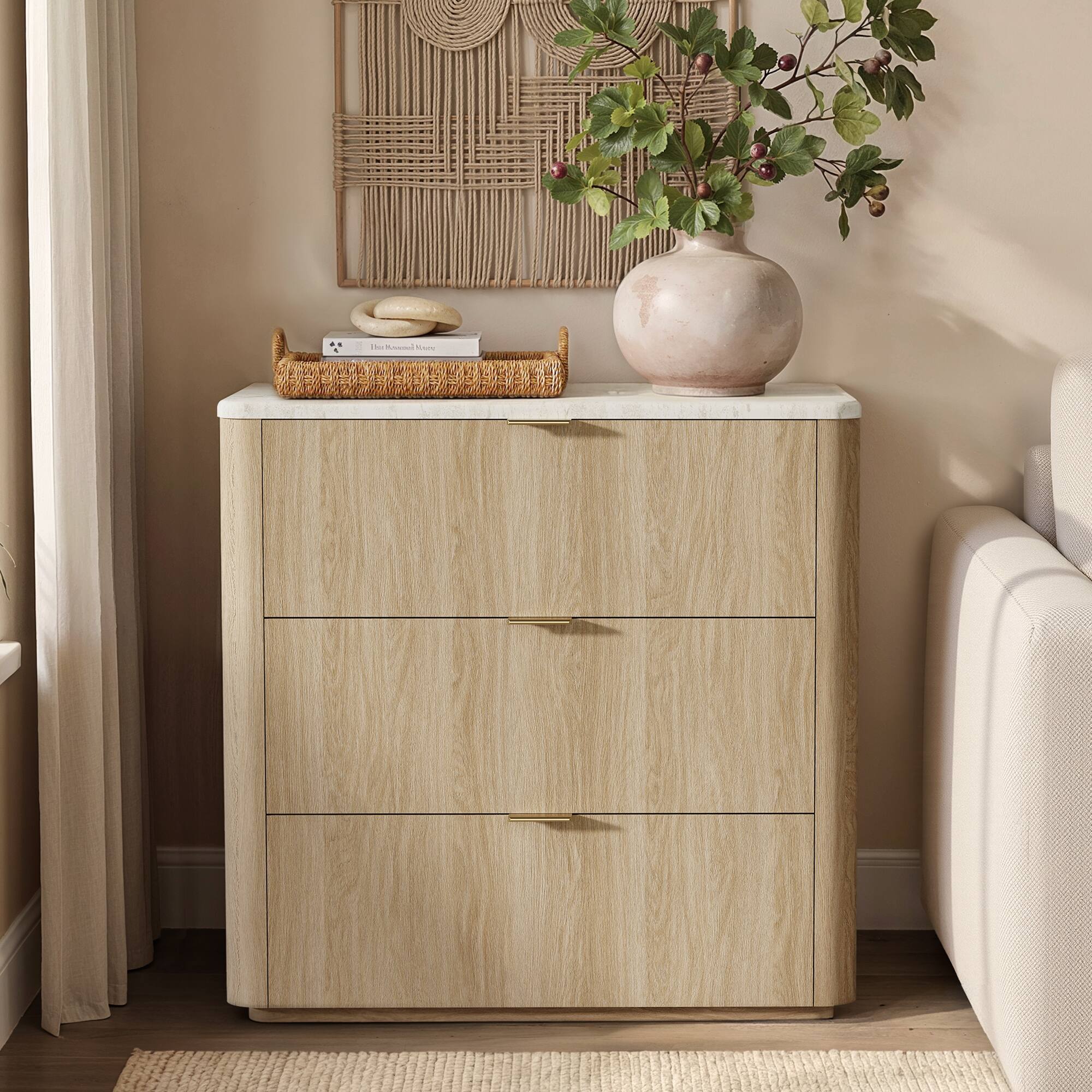 Left. ModernMate - 31.5"W 3 Drawers Dresser Modern Faux Travertine Dresser Chest for Bedroom Living Room - Natural Oak.