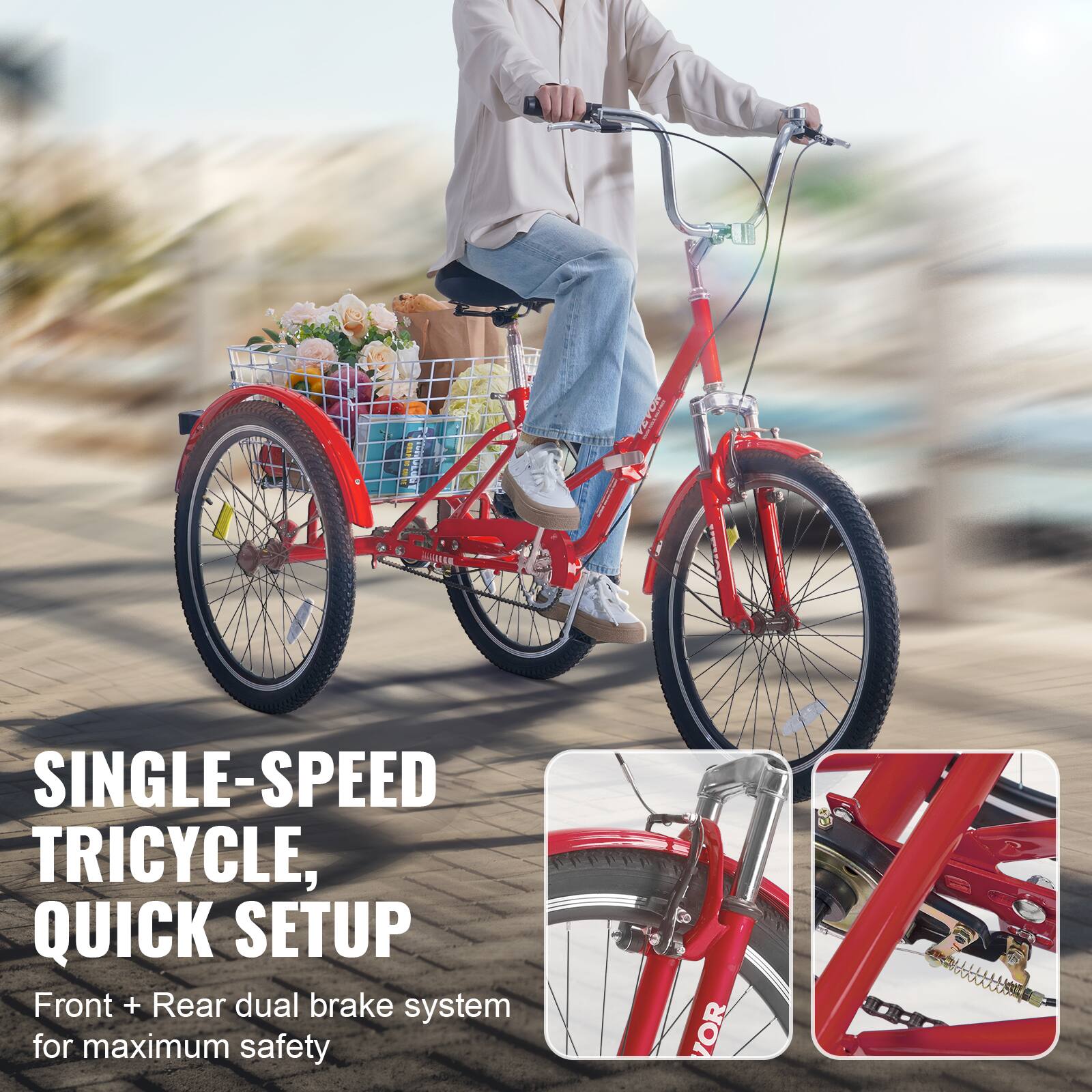 SINGLE-SPEED TRICYCLE, QUICK SETUP Front + Rear dual brake system for maximum safety VOR