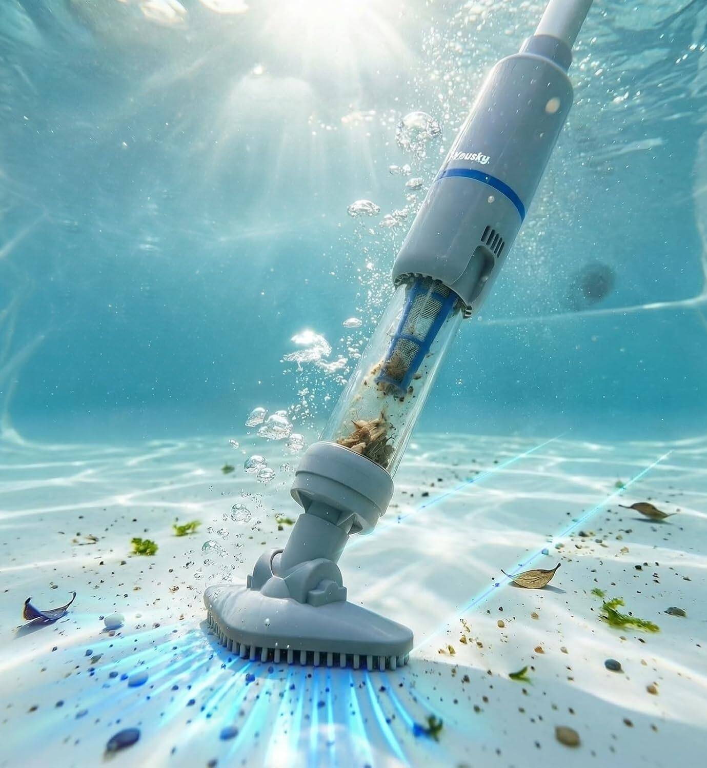Left. YouSky - YouSky Cordless Hot Tub Vacuum Cleaner with Telescopic Pole, 2 Brush Heads, Rechargeable Spa Pool Vacuum - Light Grey.