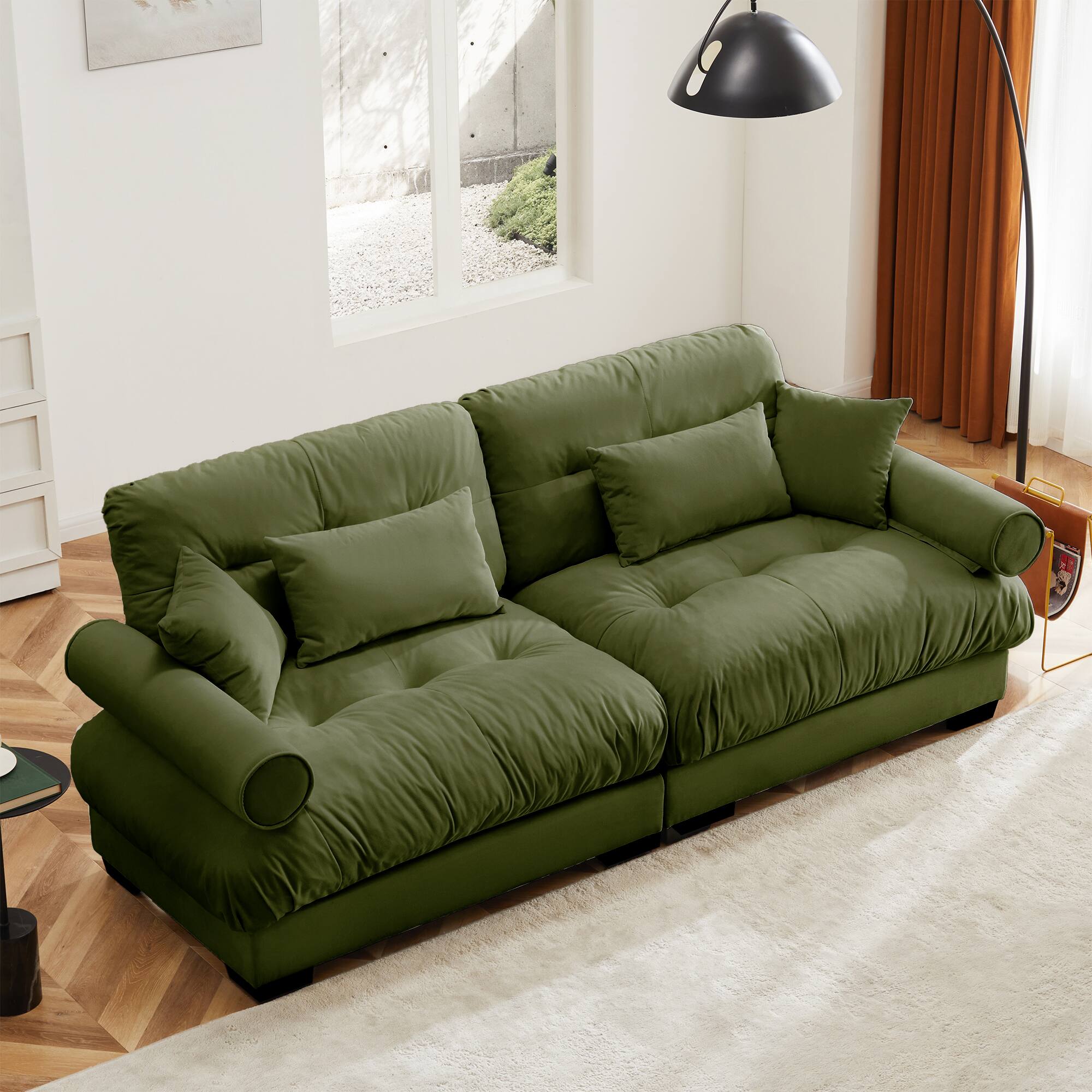 Front. LOVMOR - Compressed Pack 2 Seater Velvet Couch For Living Room Bedroom Soft Modern Lounge Indoor Elegant Home Den TV XL - Olive Green.
