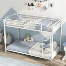 Gymax - Twin Over Twin Bunk Bed Frame Platform W/Guard Rails & Side Ladder - White