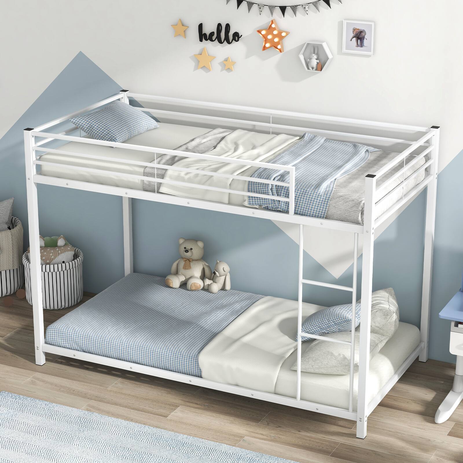 Front. Gymax - Gymax Twin Over Twin Bunk Bed Frame Platform W/Guard Rails & Side Ladder White - White.