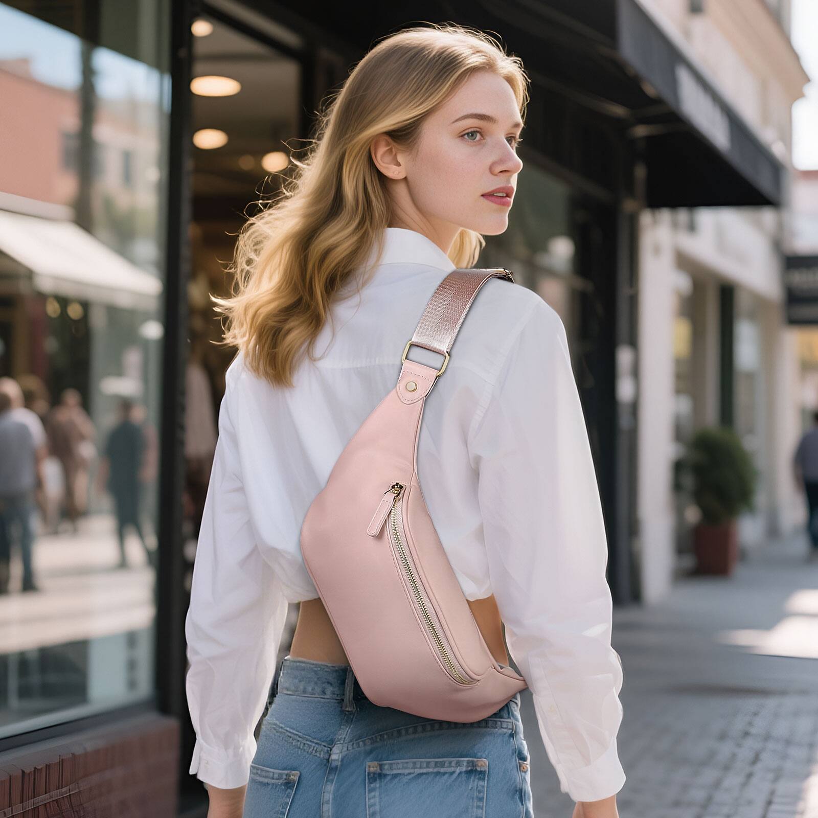 Alt View 1. Unique Bargains - Soft Faux Leather Fanny Pack Crossbody Waist Pack with Adjustable Strap Large Pocket Sturdy Zippers for Travel Hiking - Standard Pink.