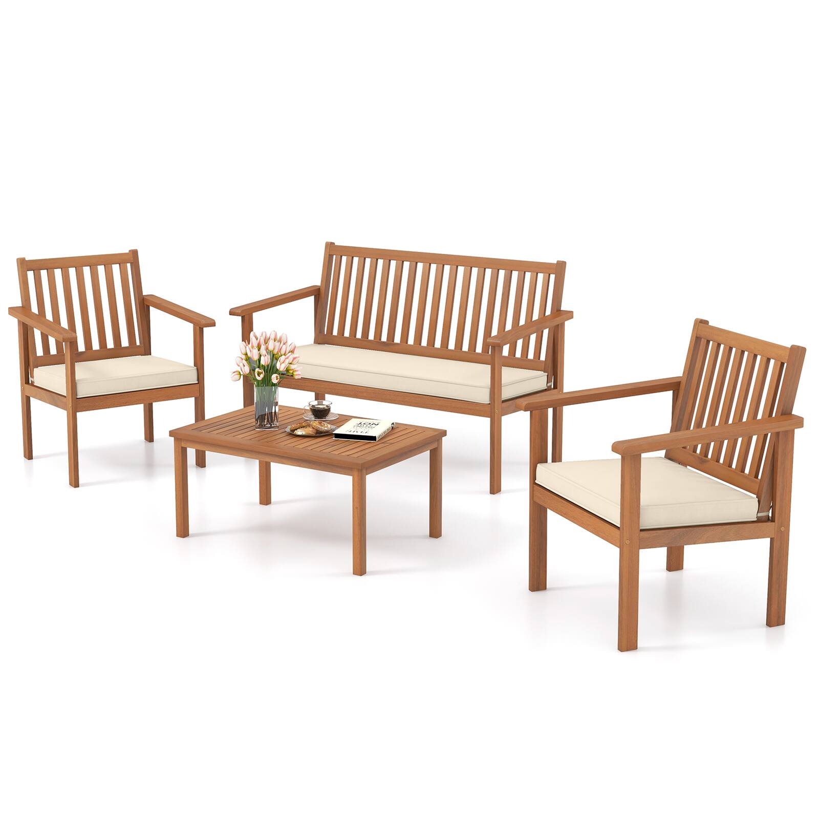 Alt View 3. Gymax - Gymax 4PCS Wood Furniture Set w/ Loveseat 2 Chairs & Coffee Table for Porch Patio White - Natural, White.