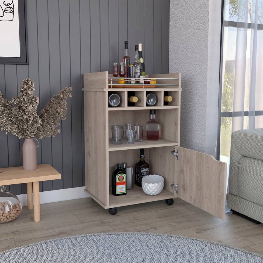 Bar Back Cubbies TuHome Phoenix Bar Cart with 2 Open Shelves, 4 Wine Cubbies, a cabinet ...