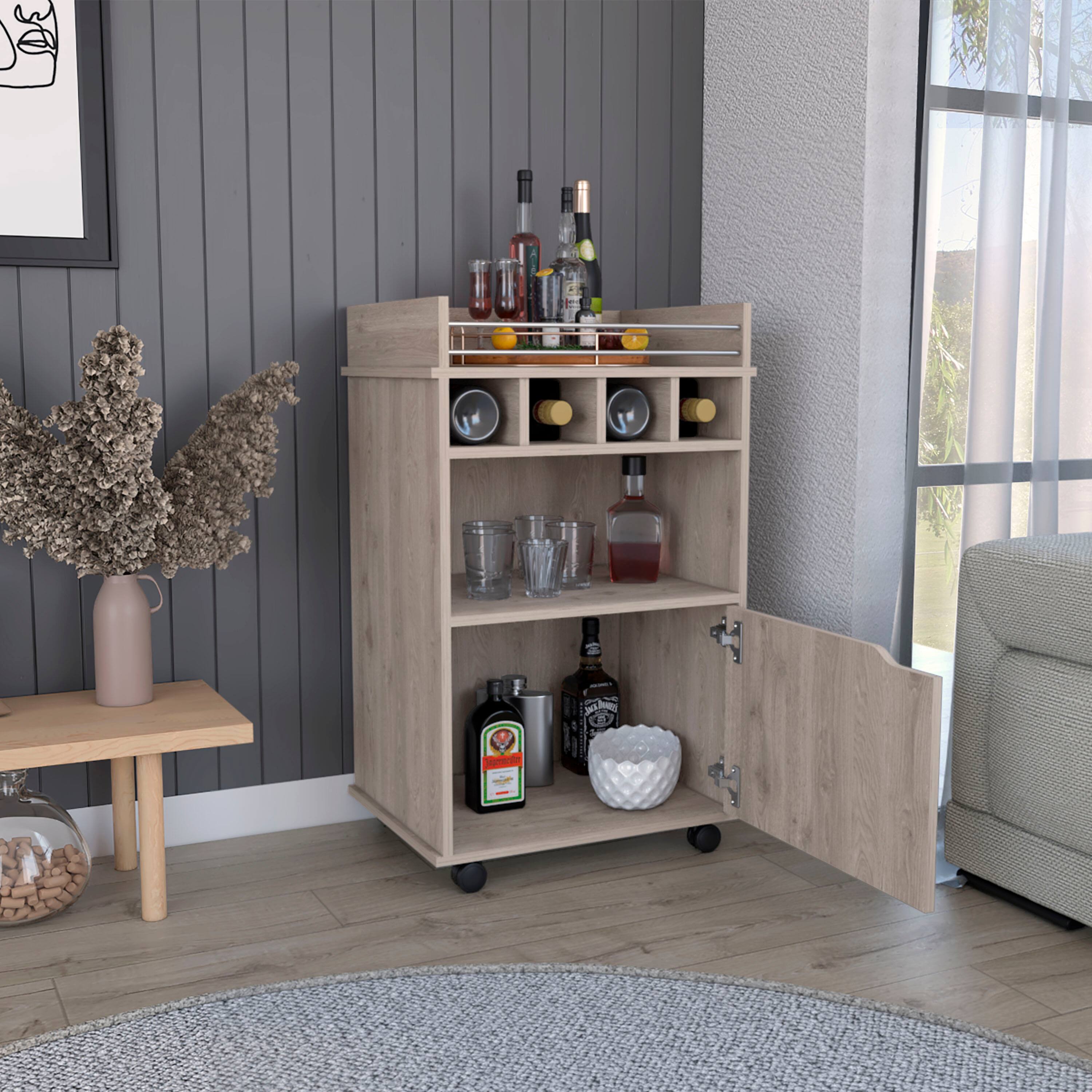 Back. TuHome - Phoenix Bar Cart with 2 Open Shelves, 4 Wine Cubbies, a cabinet and perfect for Bar Room - Light Pine.