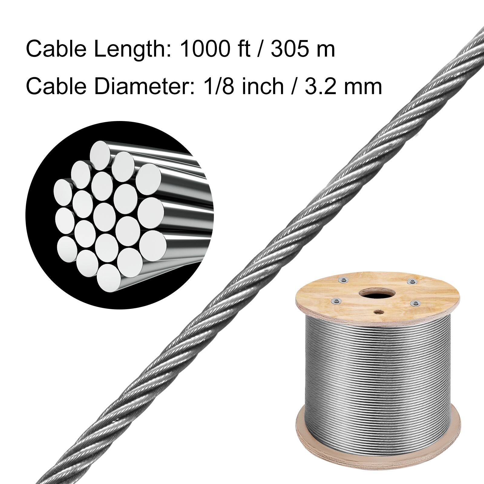 Cable Length: 1000 ft / 305 m  
Cable Diameter: 1/8 inch / 3.2 mm