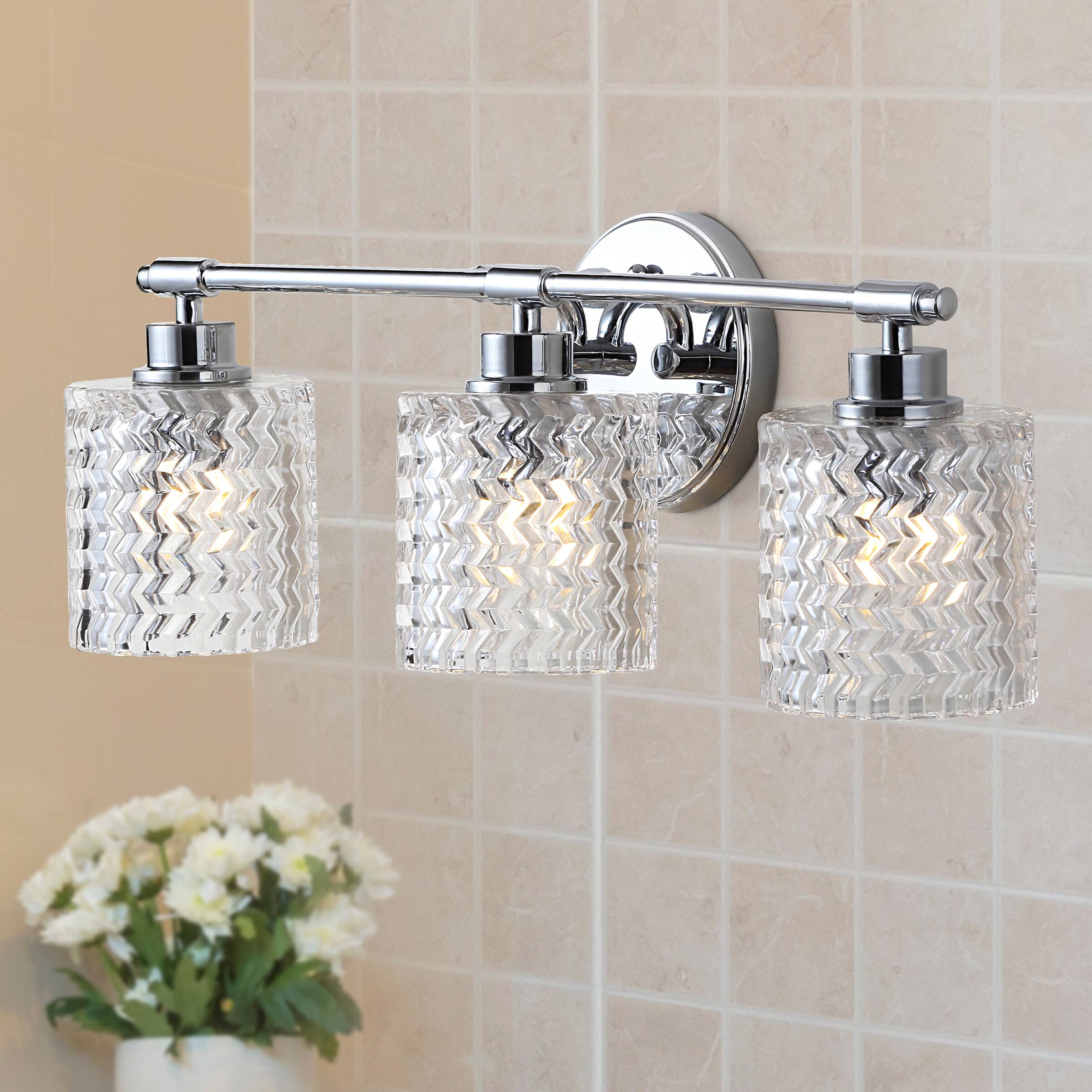 Alt View 1. Jonathan Y - Spaulding Vintage 22" 3-Light Iron/Chevron Pattern Glass Farmhouse Cottage LED Vanity Light, Chrome - Chrome.