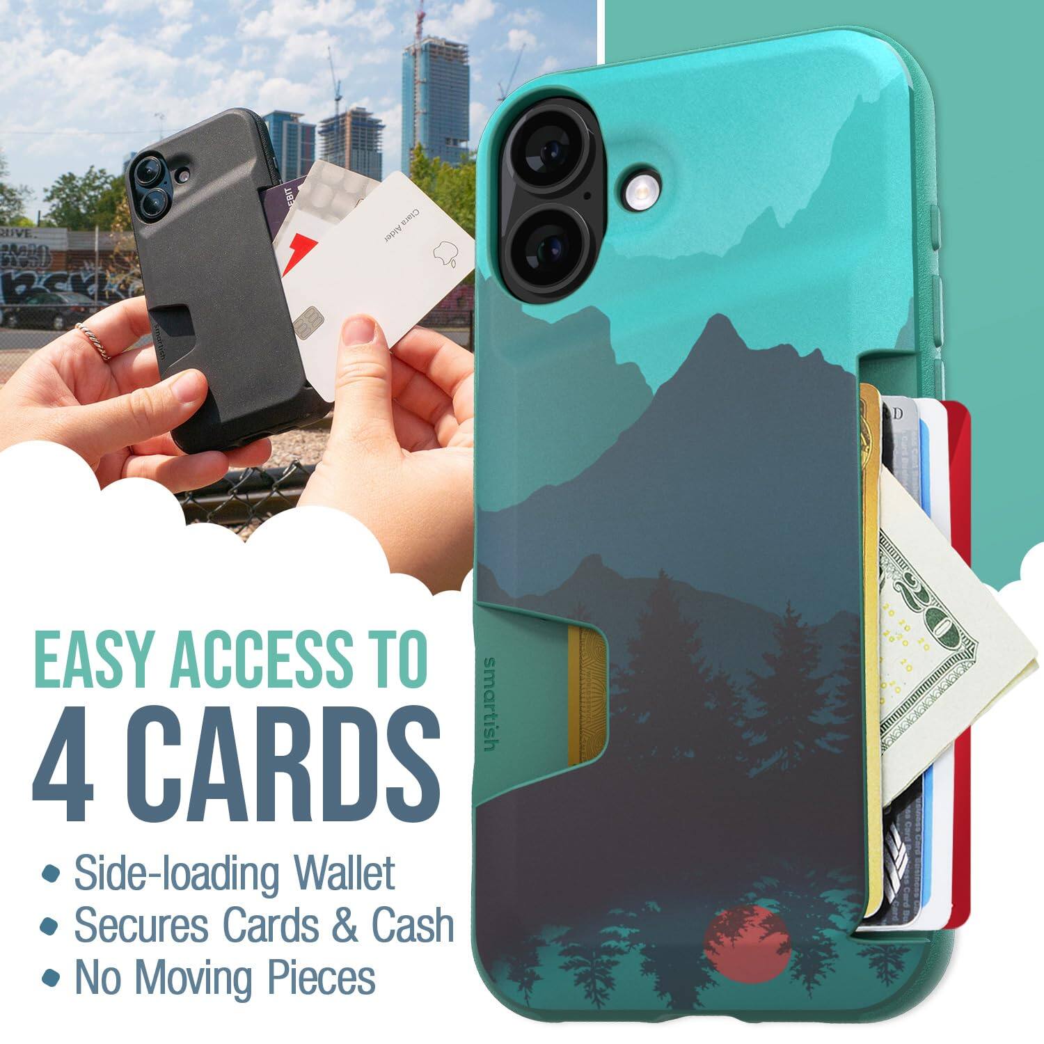 EASY ACCESS TO 4 CARDS

- Side-loading Wallet
- Secures Cards & Cash
- No Moving Pieces